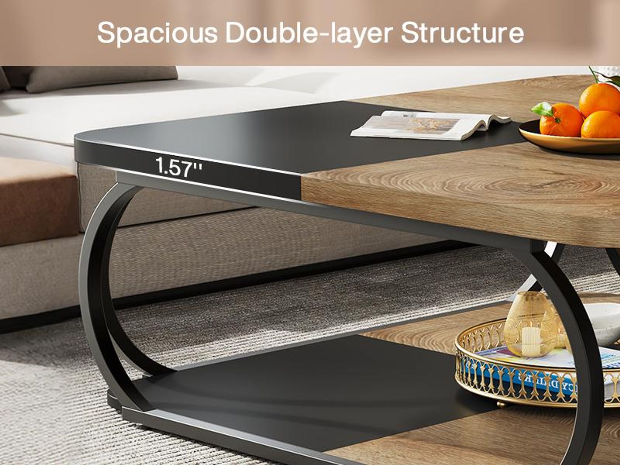 Tribesigns quadratischer Couchtisch,100 cm großer Holztisch, 2-stufiger niedriger Couchtisch Landhausstil mit Metallgestell, Schwarz/Hellbraun