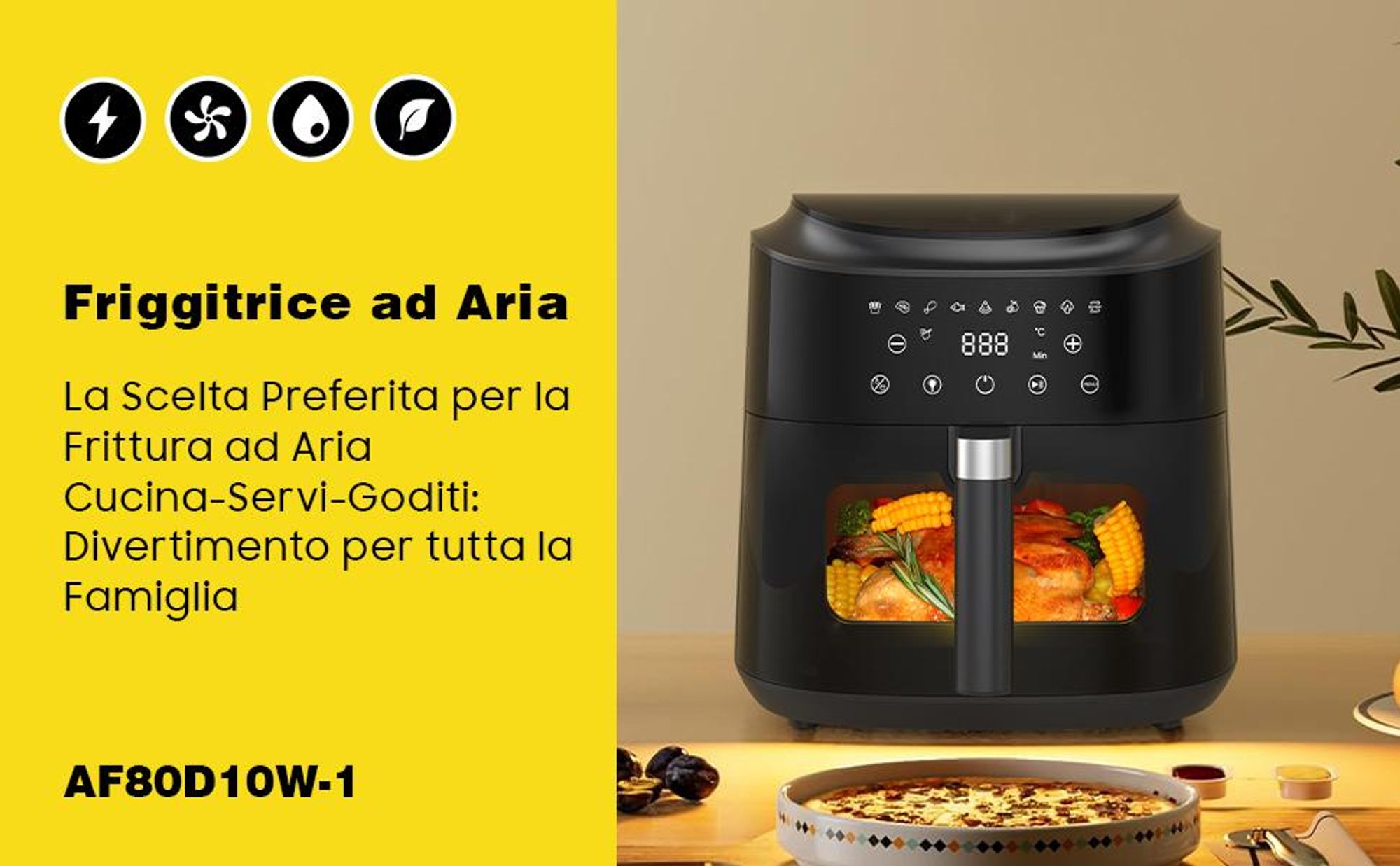 Friggitrice ad aria visibile 9L 2350W, schermo touch, circolazione aria 360°, 9 programmi automatici, display LED, grigliatura e cottura