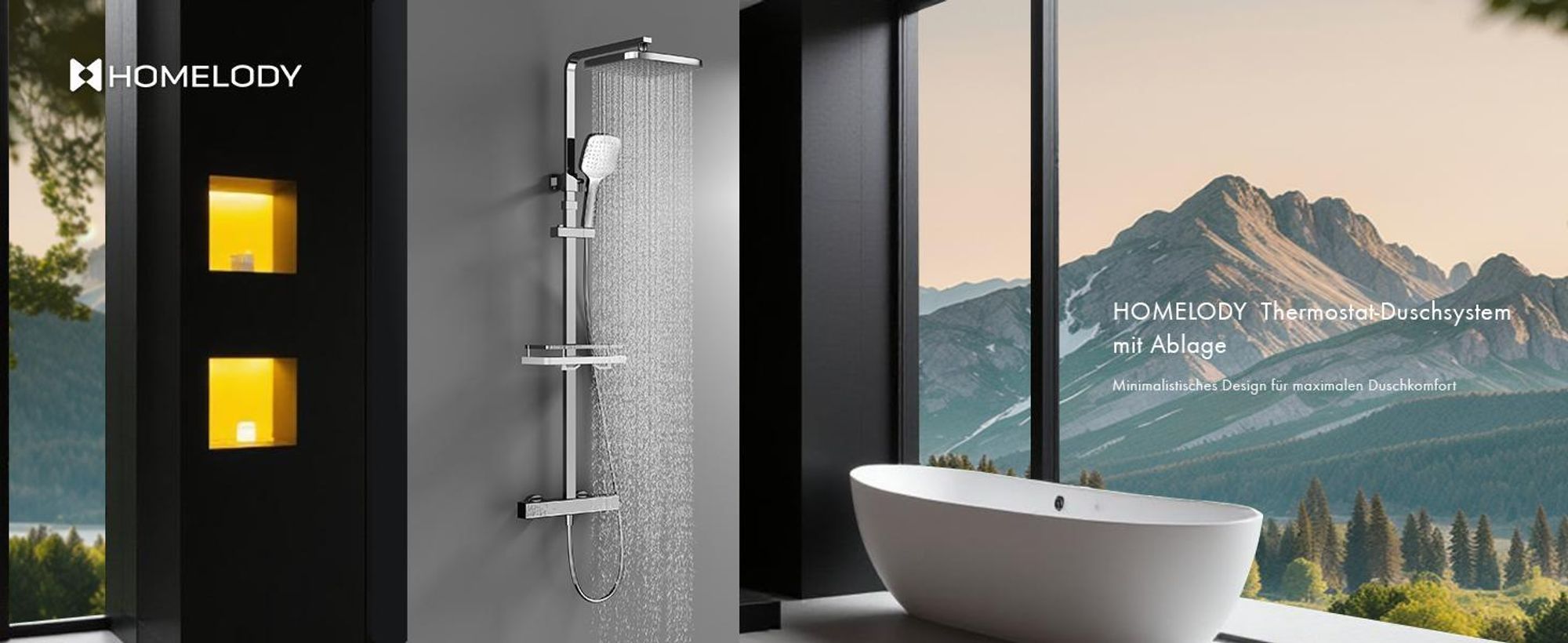Homelody Duschsystem mit 38 °C Thermostat Edelstahl & Regal, Duscharmatur Set mit Handbrause & Kopfbrause, 3 Strahlarten, Höhenverstellbar, Chrom