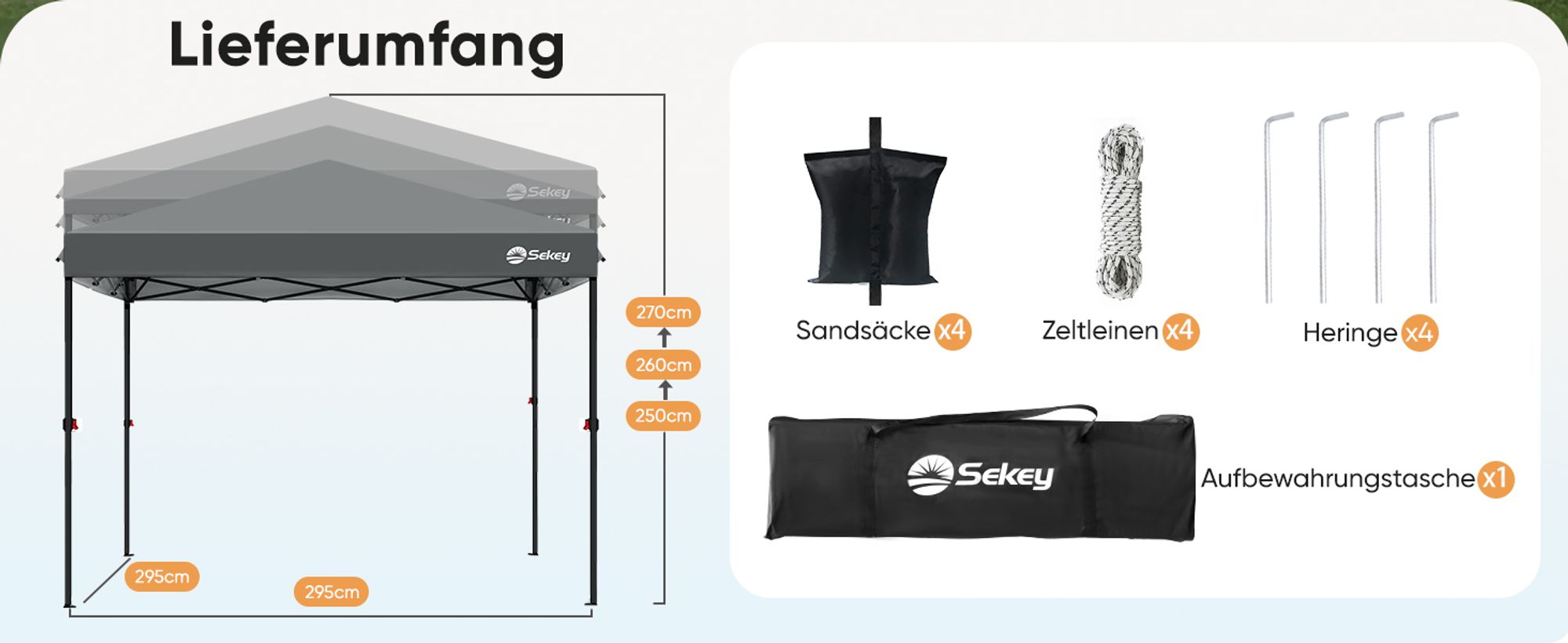 Sekey Faltpavillon 3x3 wasserdicht, Pop Up Pavillon mit 4 Sandsäcken, UV-Schutz 50+ Pavillons & Partyzelte Festzelt, Grau