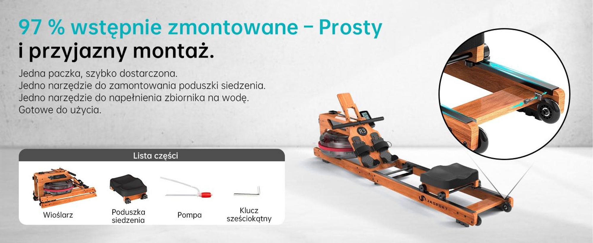 JASPORT R3 składany wioślarz z certyfikowanego drewna dębowego z oporem wodnym, Bluetooth, LCD, Kinomap, 28 l, do 150 kg – Cherry