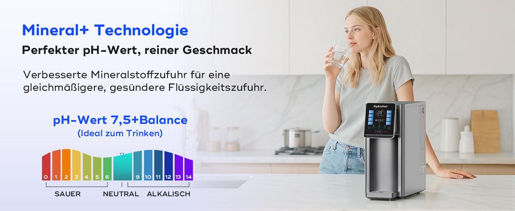 Hydrofast Wasserfilter W100 Tisch-Wasseraufbereiter mit Heiß- und Trinkwasser, Umkehrosmose, 8 Temperaturstufen, 6-stufige Filtration, UV-Sterilisat