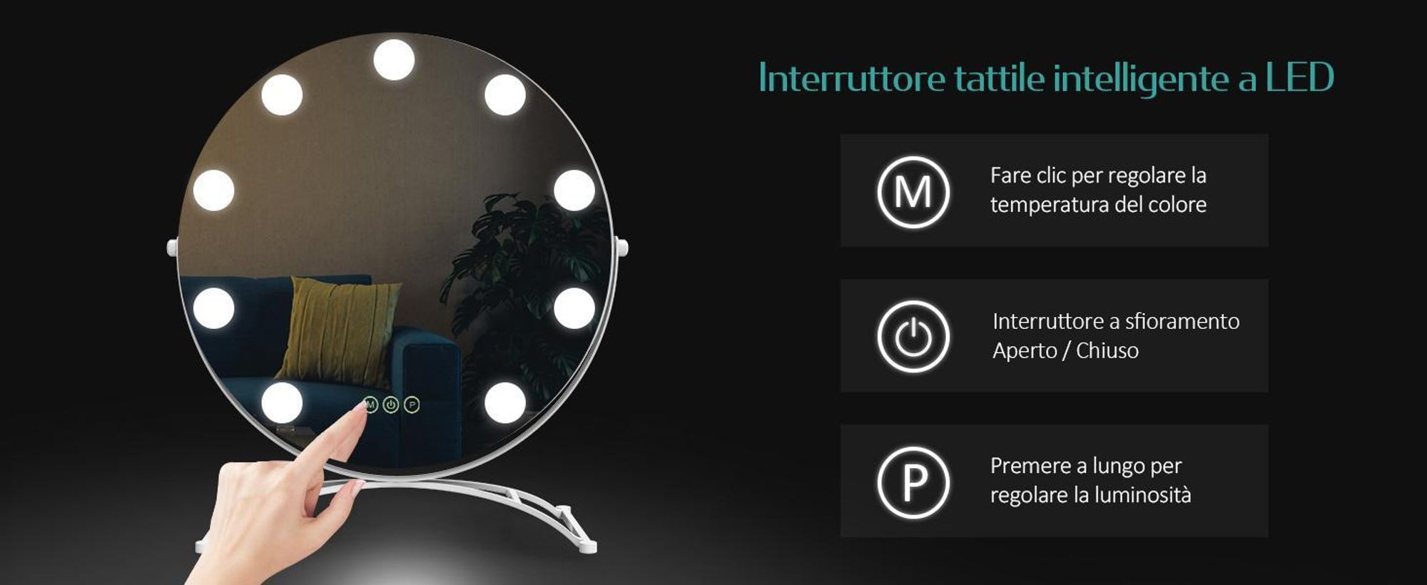 Specchio cosmetico EMKE Hollywood 58X50cm Specchio da trucco rotondo con illuminazione a LED e ingrandimento 7x, 3 colori di luce dimmerabili, bianco