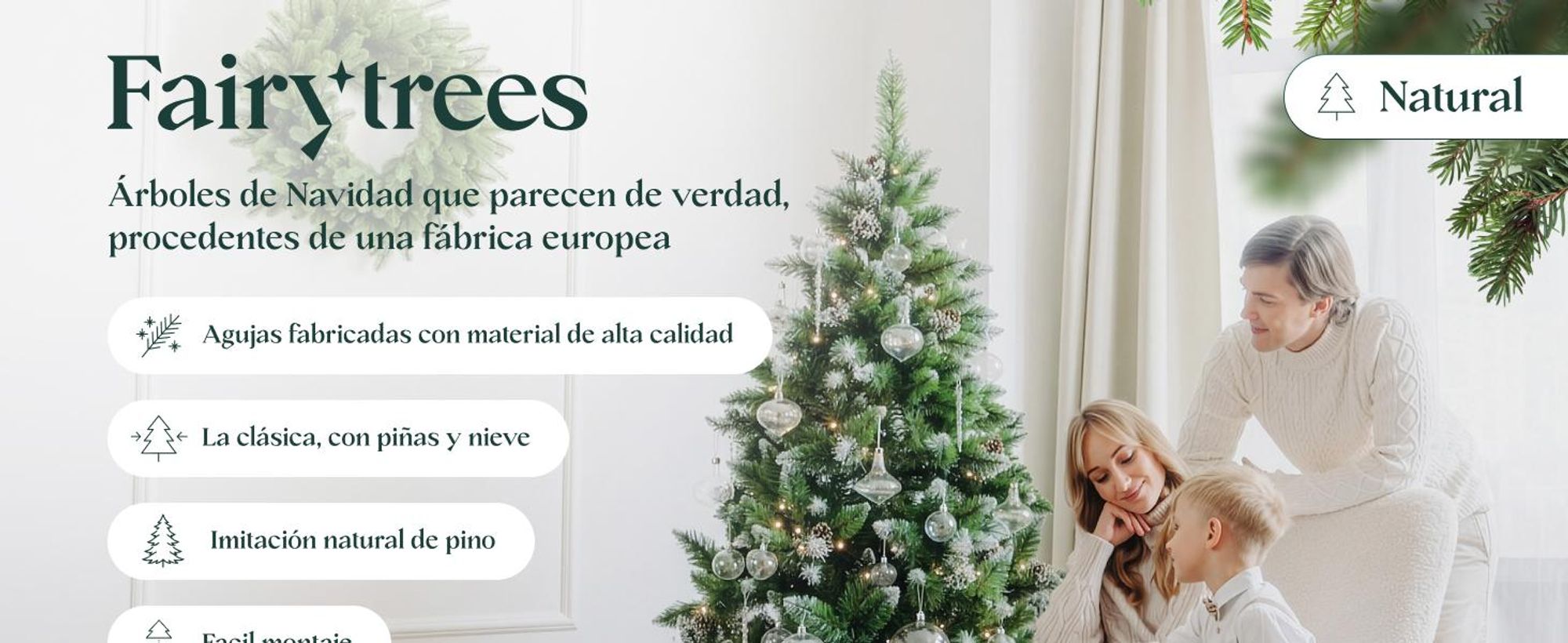 FairyTrees árbol de Navidad Artificial 180cm Pino con el Soporte de Madera | árbol Artificial Blanco nevado| Fabricado en EU