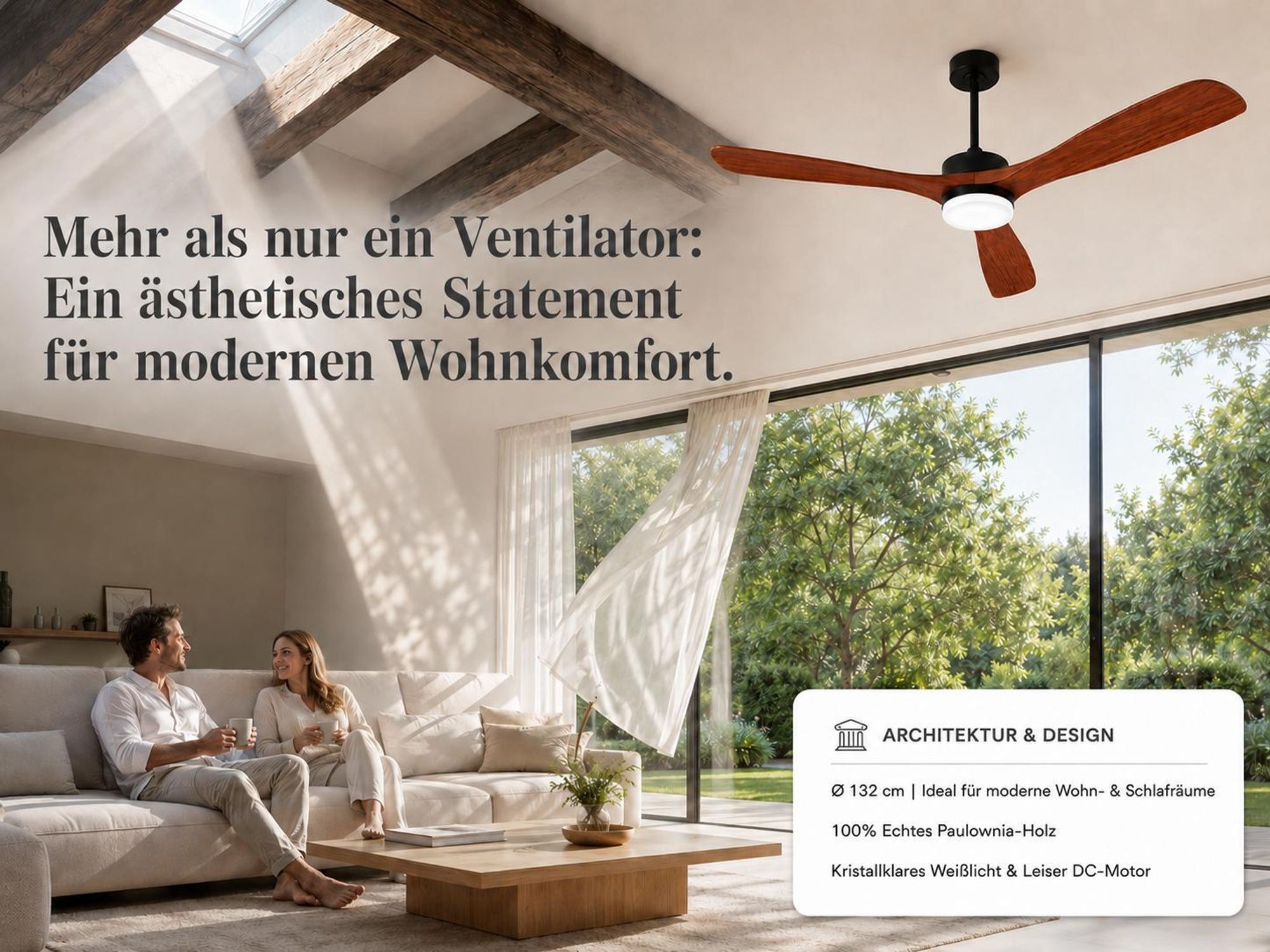 Ø132cm Echtholz Deckenventilator mit Beleuchtung 3 Flügel Ventilator Lampe Decke Smart APP & Fernbedienung 6 Stufen 3 Farben Wohnzimmer Schlafzimmer