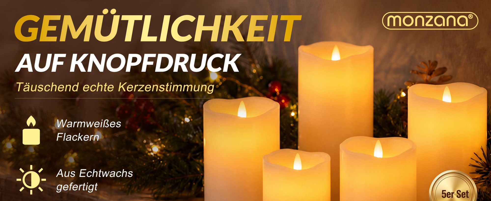 MONZANA® LED Kerzen mit Timerfunktion 5er Set flackernd Echtwachs batteriebetrieben mit Fernbedienung dimmbar in Warmweiß 5 Größen ø7,5cm