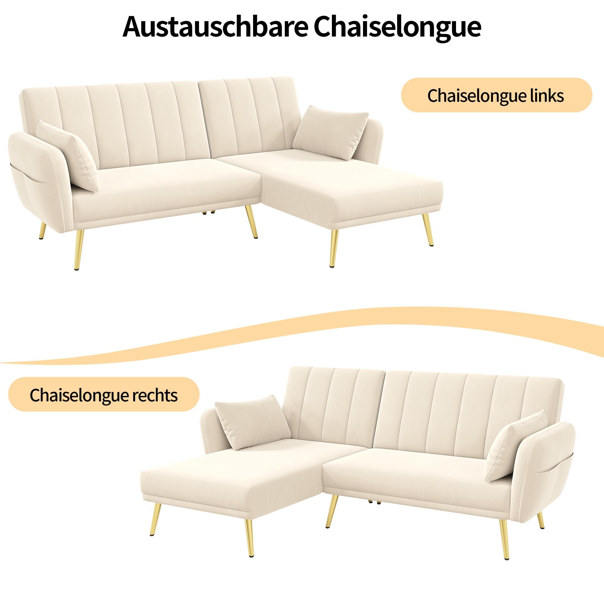 Merax Ecksofa mit Schlaffunktion, L-Form Klappsofa Schlafsofa, 3-stufig verstellbar, 3-Sitzer Sofa, Couch, Bettsofa, Wohnzimmersofa, Velvet, Beige