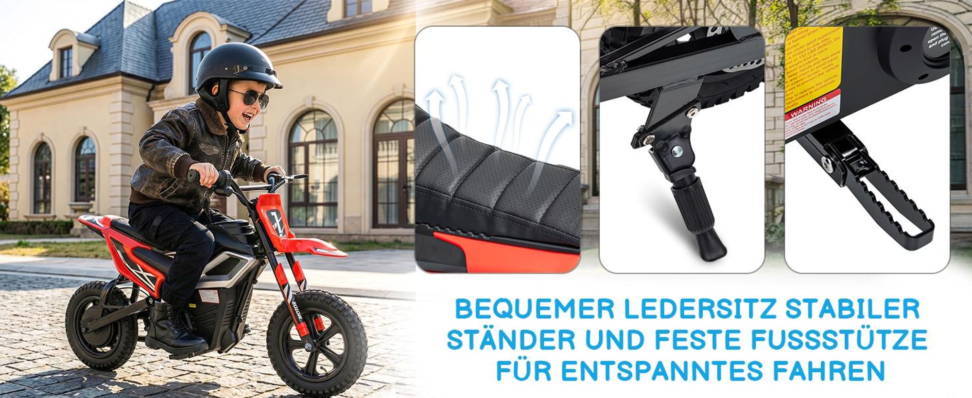 FCH Elektrisches Kindermotorrad, 24 V, 7 Ah, mit Ledersitz, rot