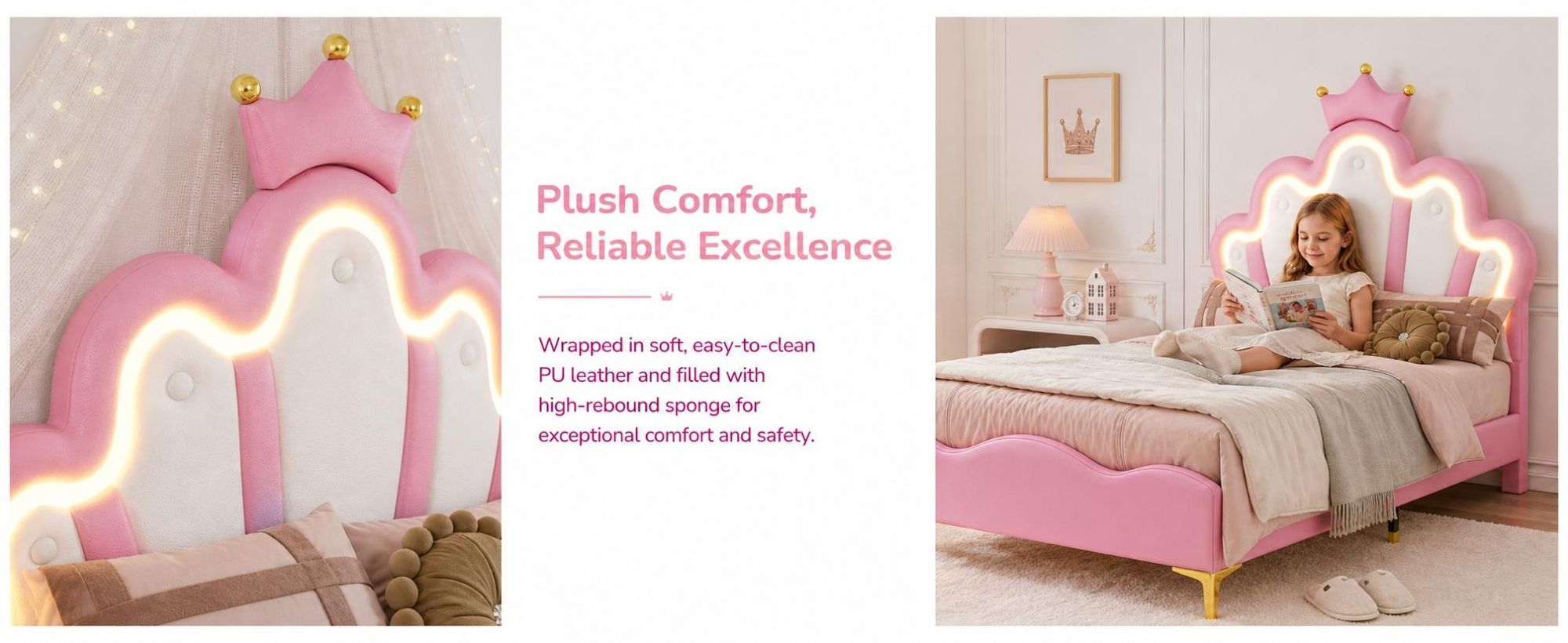 Polsterbett 90x200cm mit Lattenrost, Kinderbett mit Kronenförmigem Kopfteil, Jugendbett Einzelbett mit Led, Prinzessinnenbett Holzbett, PU，Rosa