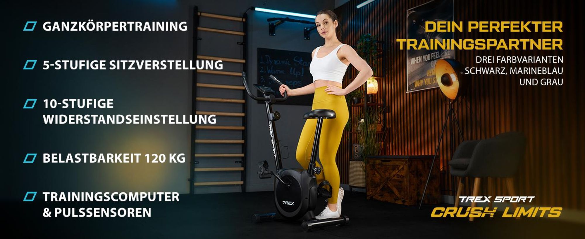 TREX SPORT Heimtrainer Fahrrad für Zuhause TX-350MB RIZE | Pulssensoren, Magnetisches Fitnessbike, 10 Stufen, leise, 5 Sitzhöhen, bis 120 kg | Schwarz