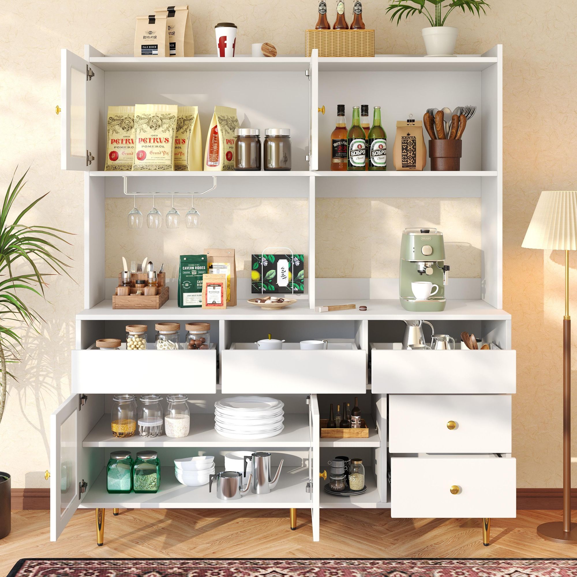 Flieks Küche Hochschränke Küchenbuffet mit Glastür, Küchenschränke Buffet mit Weingestell, Buffetschrank Highboard mit Offenen Staufächern, Weiß