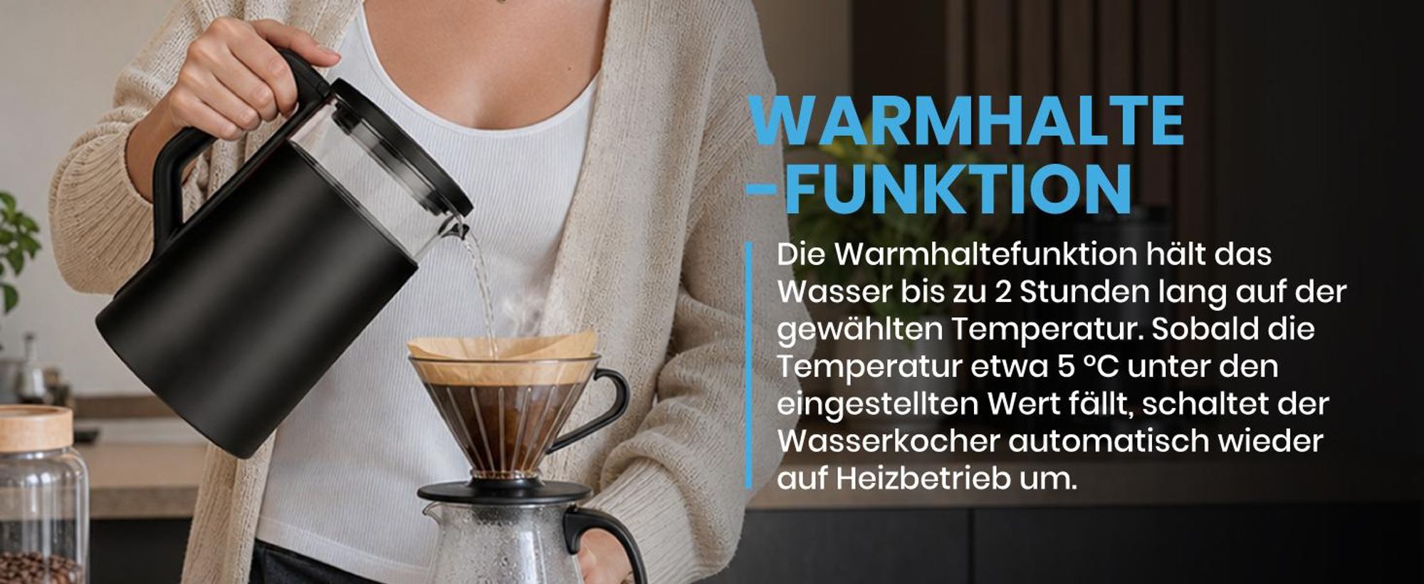 Wasserkocher mit Temperaturregelung 1,7 L Warmhaltefunktion 40–100°C 2200W Kalkfilter