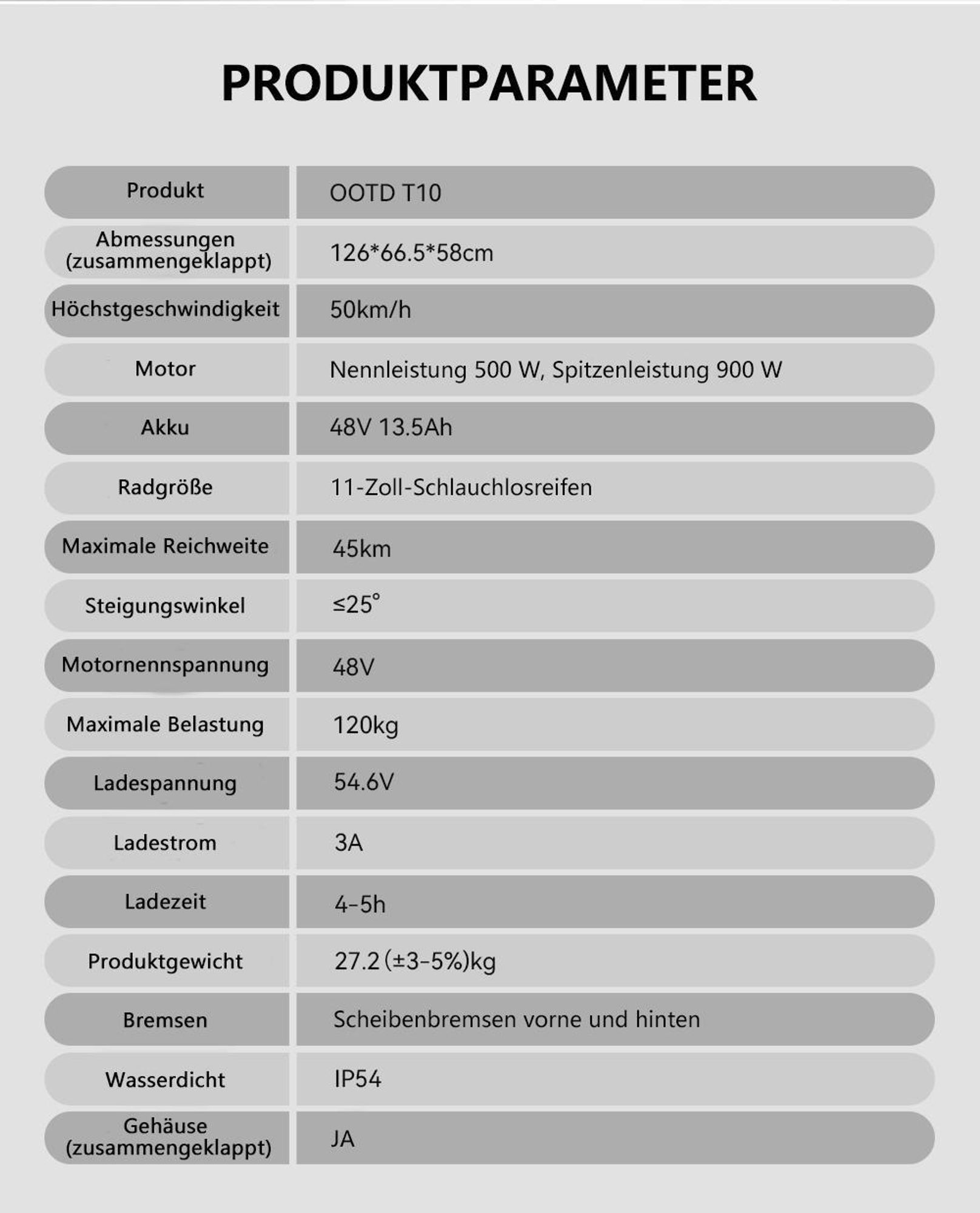 Elektroroller OOTD T10 - Motor 500W Akku 48V13.5AH 11" Reifen Scheibenbremse - Schwarz Grau