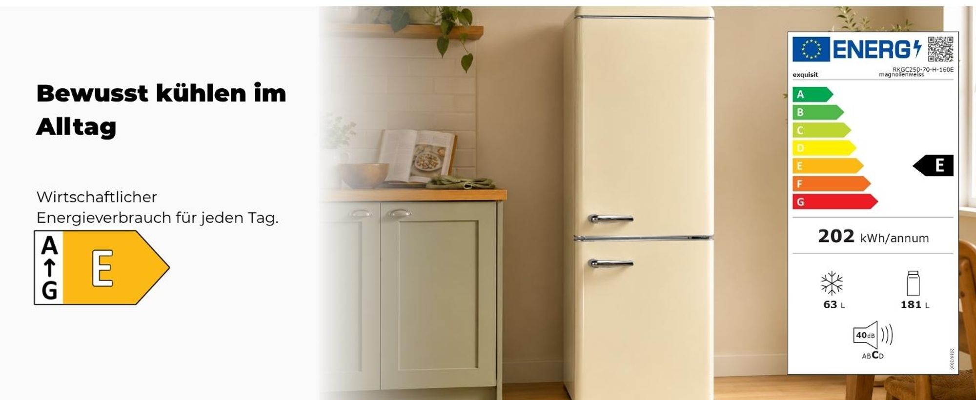 Exquisit Retrokühlschrank RKGC250-70-H-160E magnolienweiss | Standgerät | 244 l Volumen | magnolienweiß