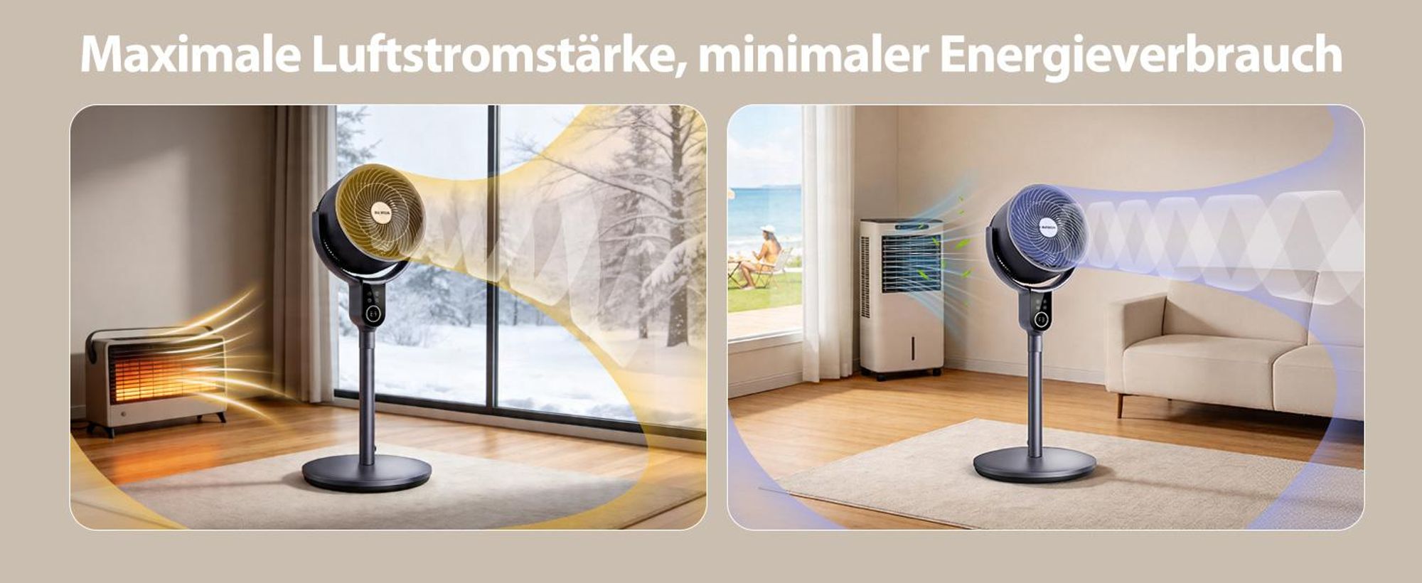 Aigostar 2-in-1 Luftumwälzer Standventilator, DC-Motor, 3D-Oszillation, 8 Stufen, leise 23dB, 12H-Timer, Fernbedienung, höhenverstellbar 80-105cm
