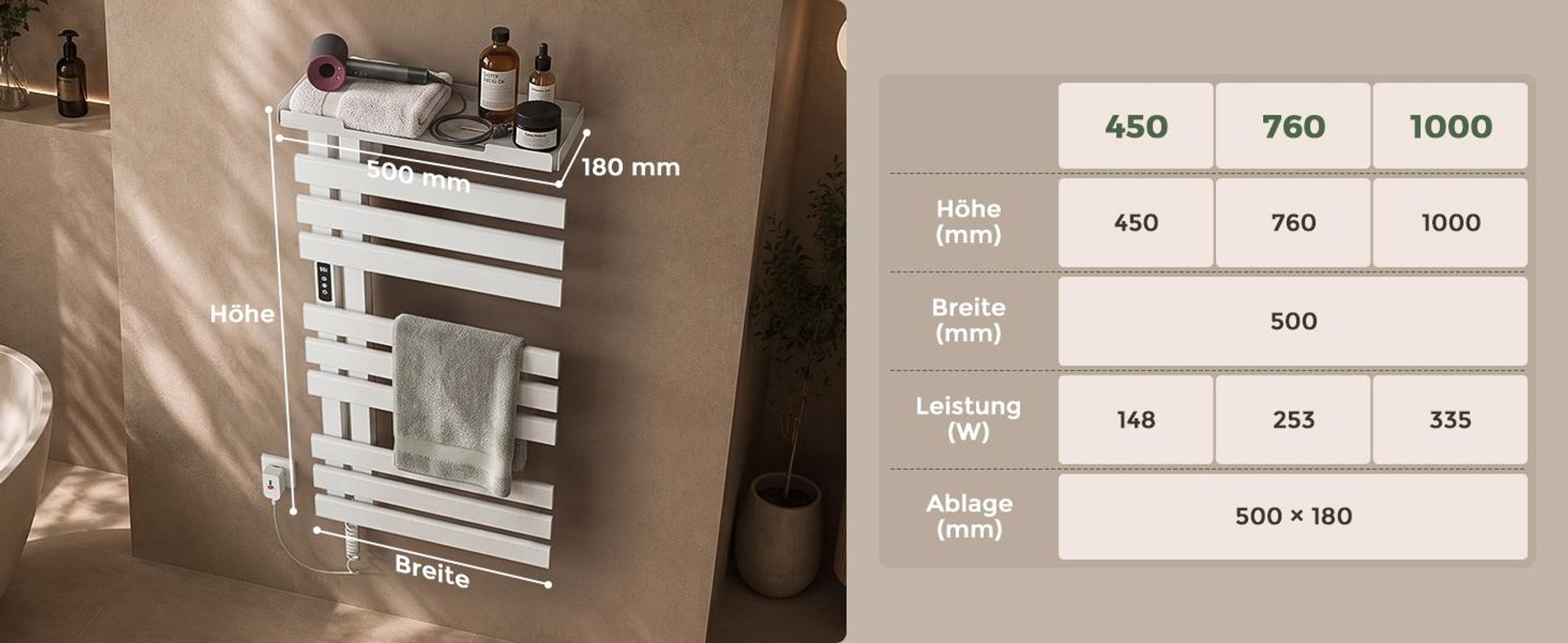 S'AFIELINA Handtuchheizkörper elektrisch mit Ablage 1050×500 mm 335W Weiß,Smart Handtuchwärmer mit WLAN-App, Carbonfaser-Heizung, 6 Heizmodi