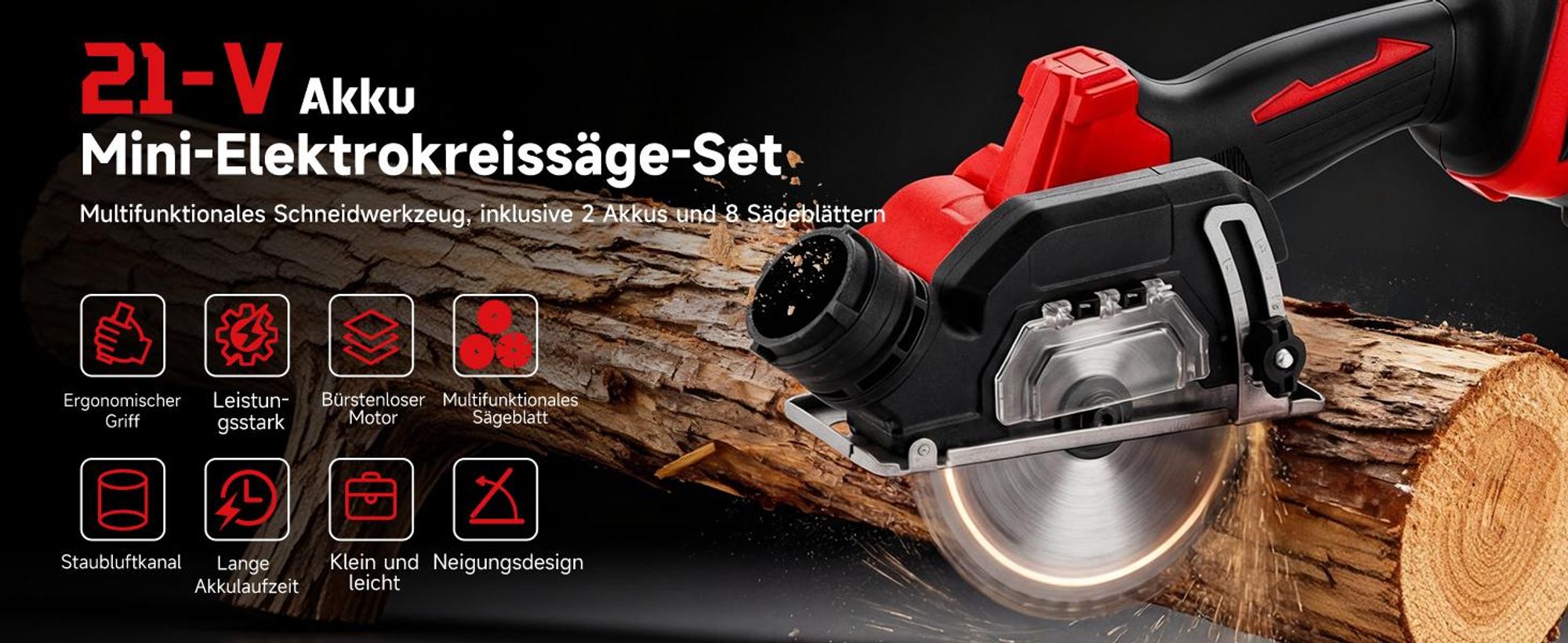 TEENO Akku-Mini-Handkreissäge, Akku Handkreissäge mit LED-Leuchte, 2x 2,0Ah-Akkus, Einstellbarer Schnittwinkel, 20000 U/min, 8 Sägeblätter