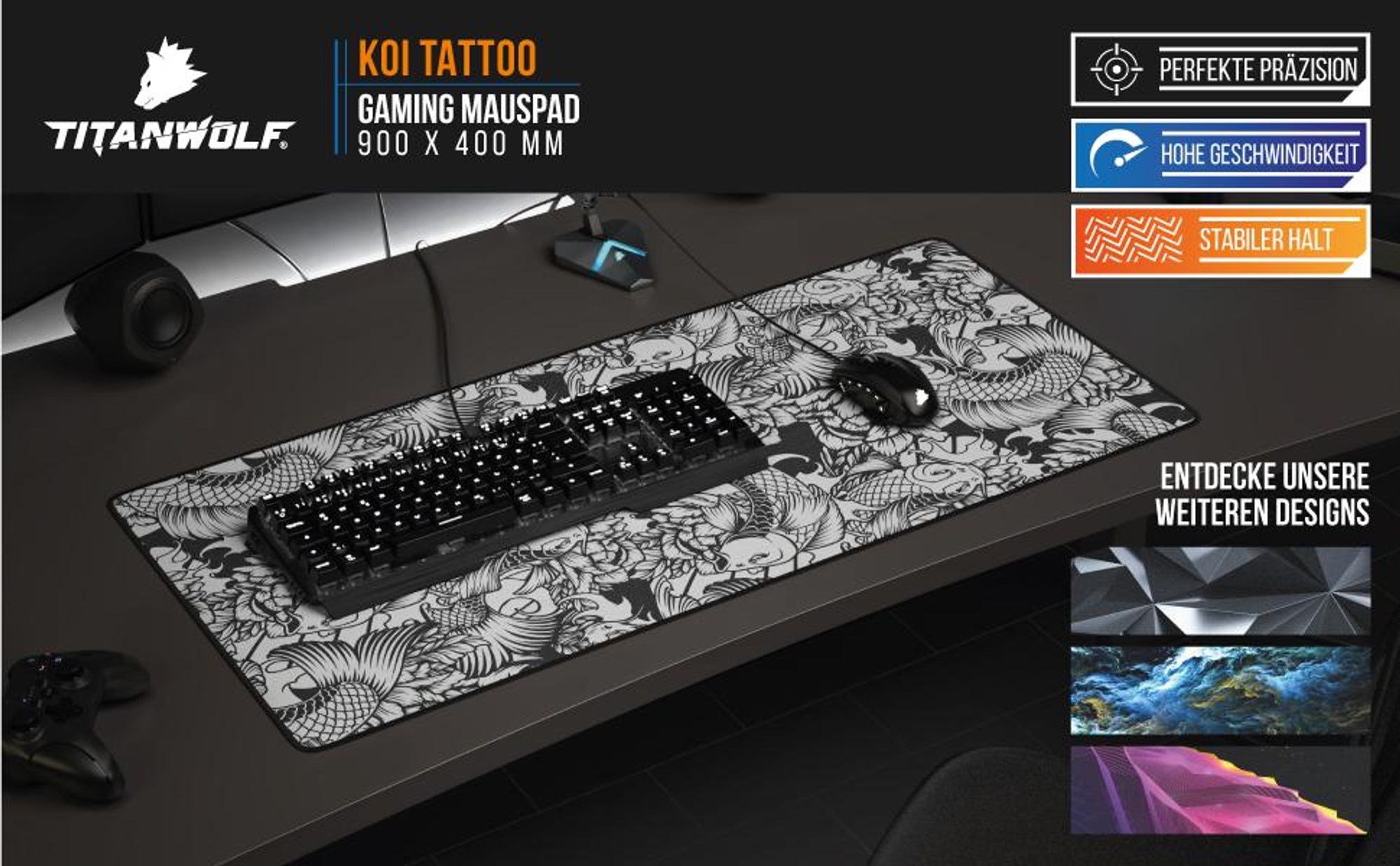 Titanwolf Gaming Mauspad Koi Tattoo, 900 x 400 mm mit Präzision, Geschwindigkeit und Halt