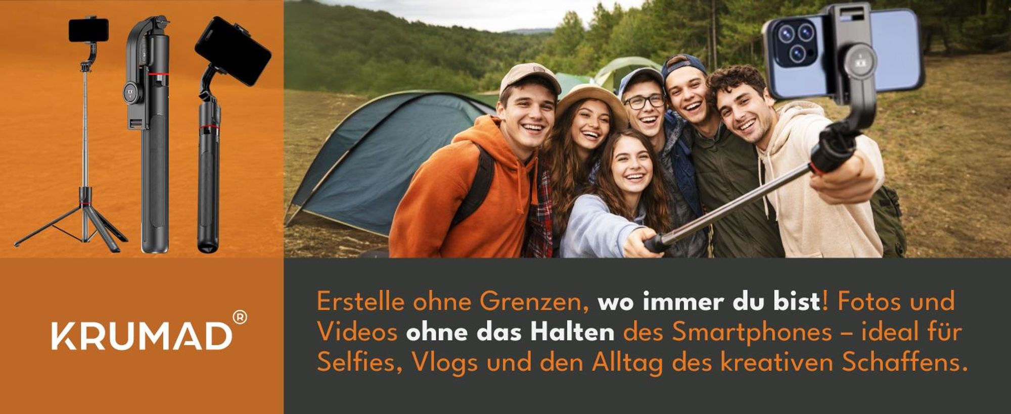 KRUMAD Handy Stativ mit Selfie Stick 170 cm – teleskopisches Smartphone Tripod aus Aluminium für iPhone & Android, Video, Vlog & Reisen