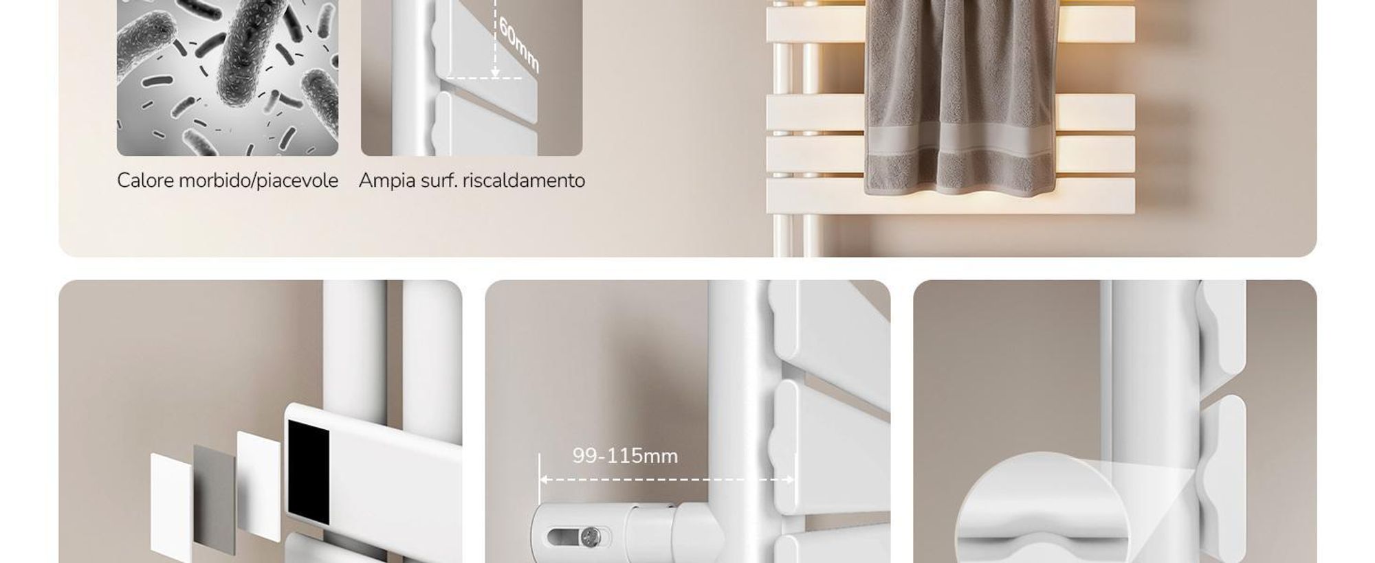 EMKE Radiatore da bagno Radiatore a pannello Attacco laterale Montaggio a parete Acqua calda Asciugamani elettrico Scaldasalviette 1320 x 400 mm Bianco senza resistenza elettrica