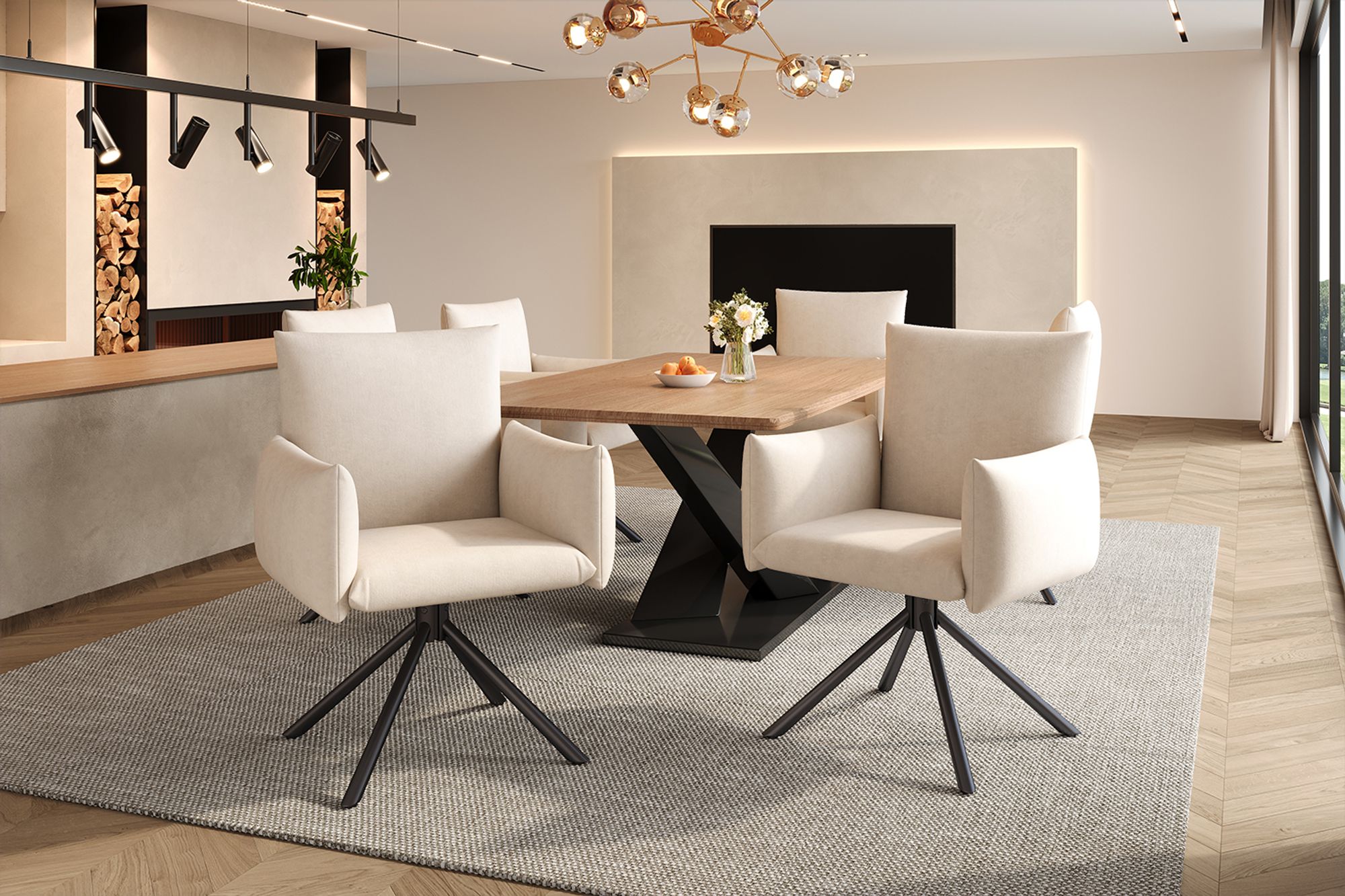 Flieks Esszimmerstühle (6 St.), 360° drehbarer Loungesessel, Polsterstuhl aus Samt, Essstuhl mit 4 Metallbeinen, atmungsaktives Material, beige