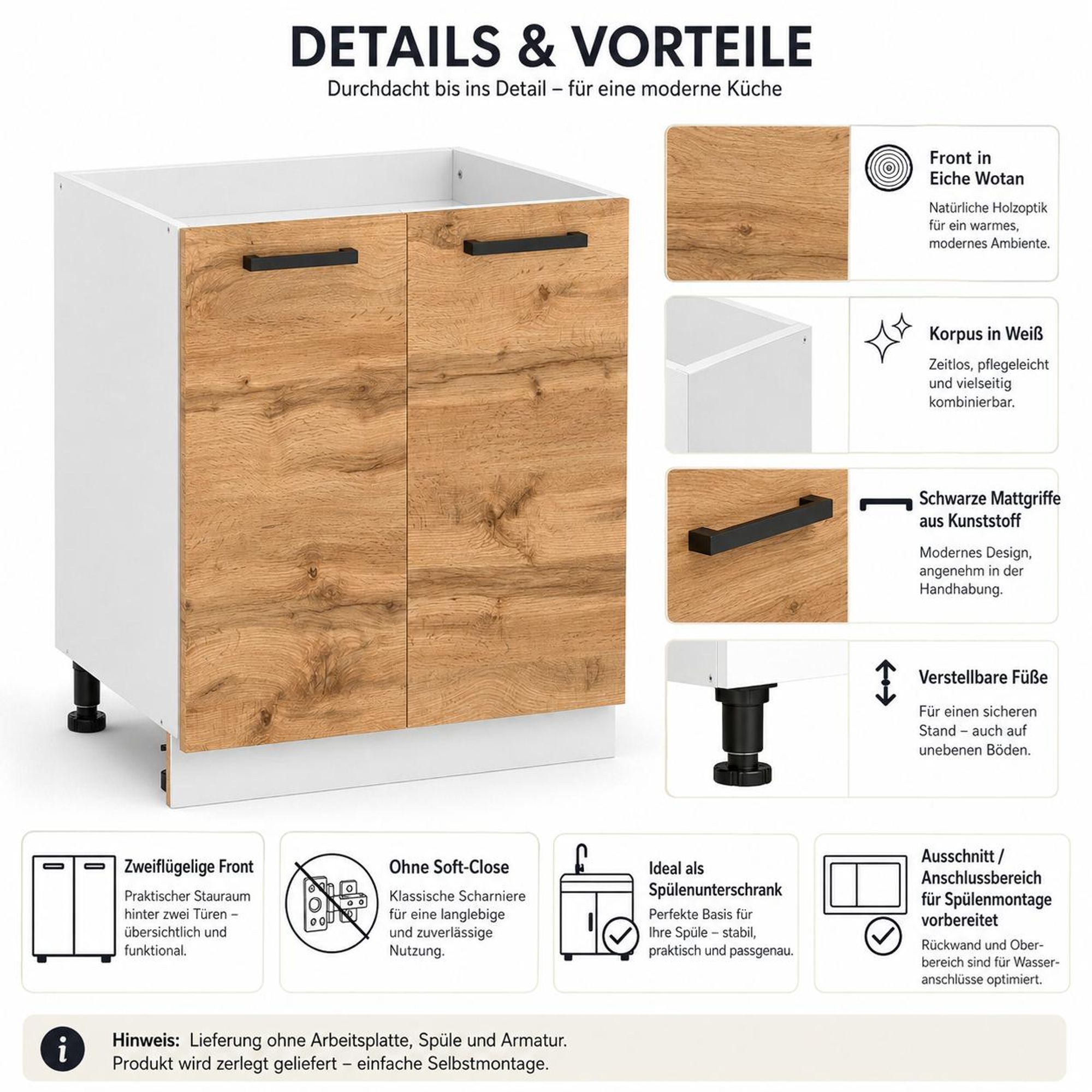 Spülenschrank 60 cm Eiche Wotan: Details, Holzoptik, Füße & ohne Soft-Close.