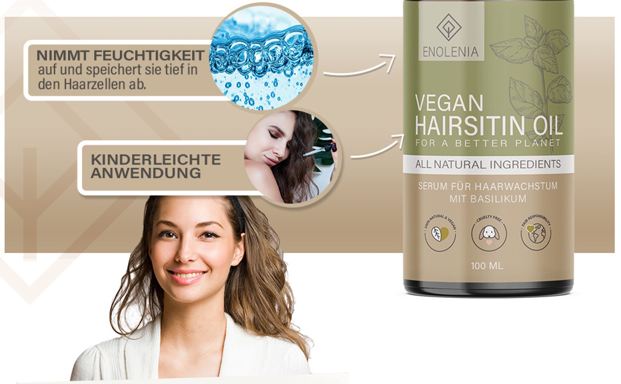 Enolenia® | Hairsitin | Haarwachstum Serum - Haarwuchsmittel bei dünnem & brüchigem Haar – Haaröl mit Basilikum & Rizinus – für Männer & Frauen