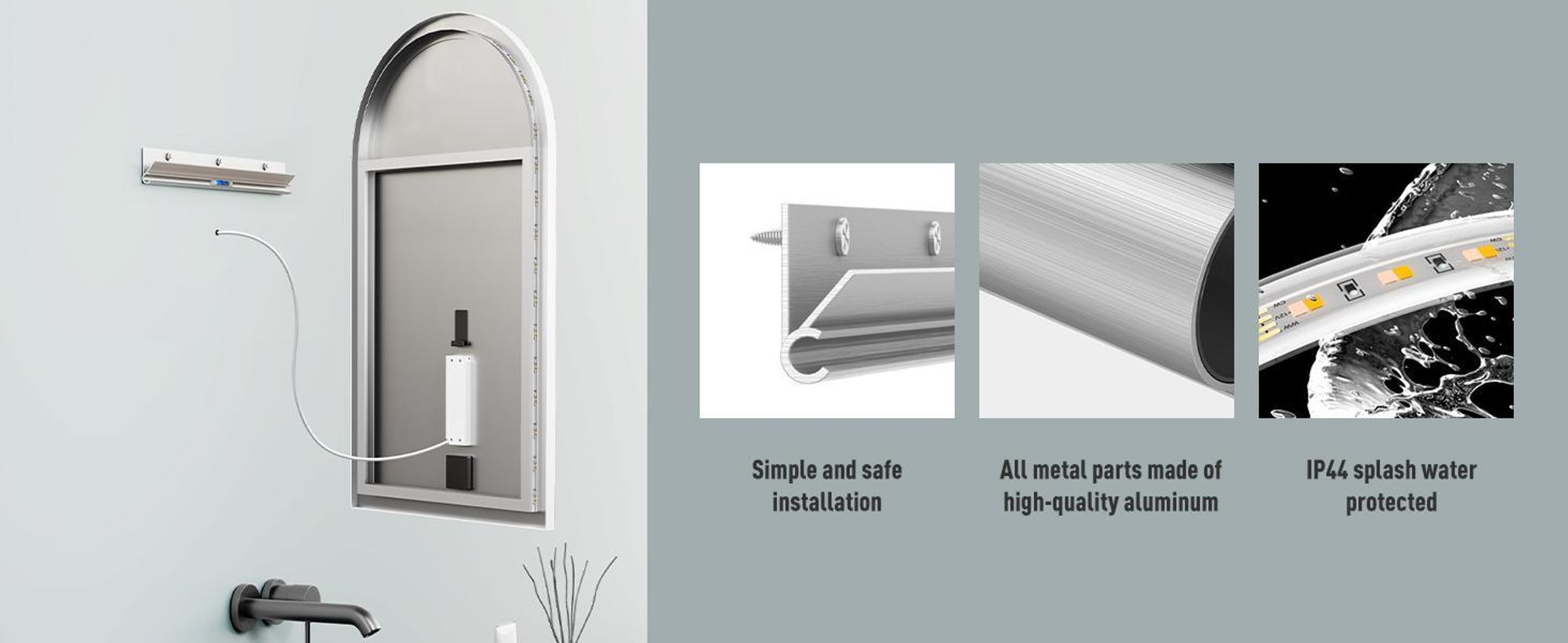 HOKO specchio bagno arco LED 60x100cm con cornice in metallo, montaggio ALTO+QUARTO, arco luce specchio+interruttore a sfioramento+cambio luce 2700-6500K, bianco caldo-bianco freddo