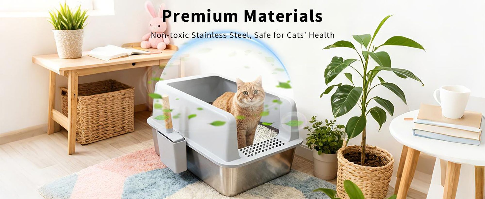 WISFOR Katzentoilette Edelstahl, Katzenklo ohne Deckel, XXL Katzentoilette offen mit Schaufel Katzenklo Matte, Schalentoilette Katze, 60 x 40 x 31 cm