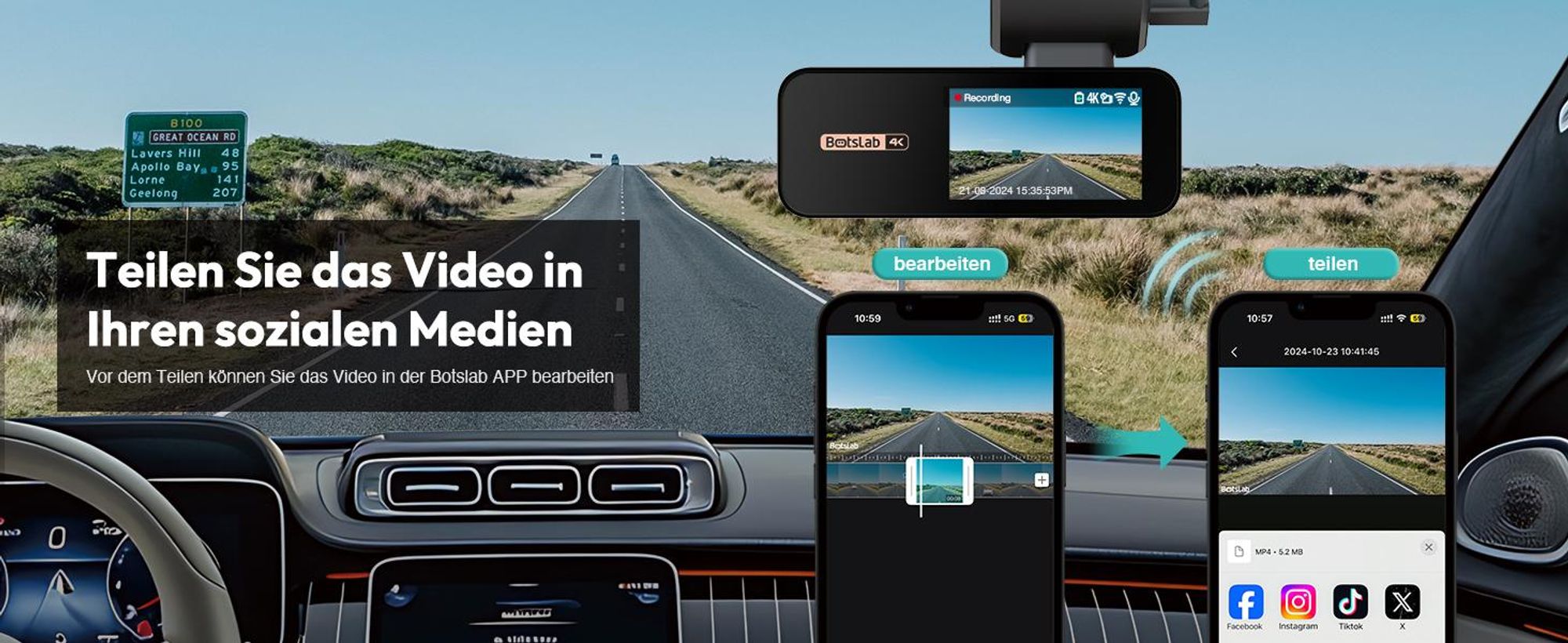 BOTSLAB Dashcam Auto Vorne Hinten, 4K Dashcamera Auto Dashkamera GPS WiFi, Dual Autokamera 64GB SD Karte, ADAS, Nachtsicht, 170°Weitwinkel, WDR, 2,45"