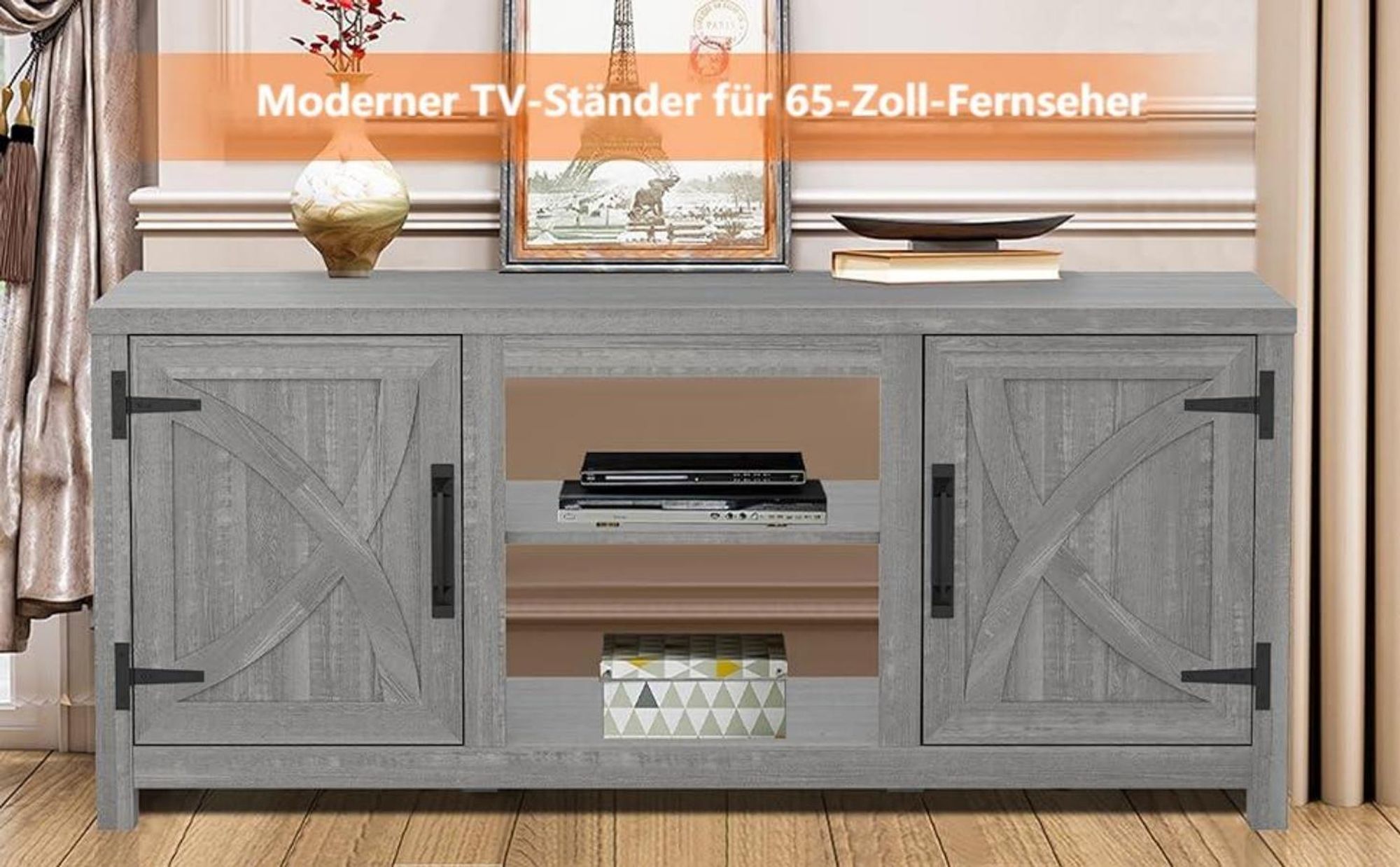 Parrot Uncle TV-Schrank für Fernseher bis 65 Zoll, MDF, Grauer , mit 2 offenen Fächern und 2 Tür, 147 x 41 x 62 cm, 54 kg Tragkraft