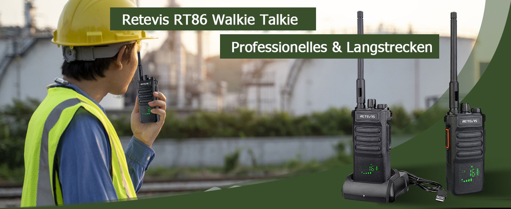 Retevis RT86 Funkgeräte set, Großer Reichweite, 2600 mAh, 16 Kanäle, VOX Scan, Squelch, Für Baustellen, Schule, Lager