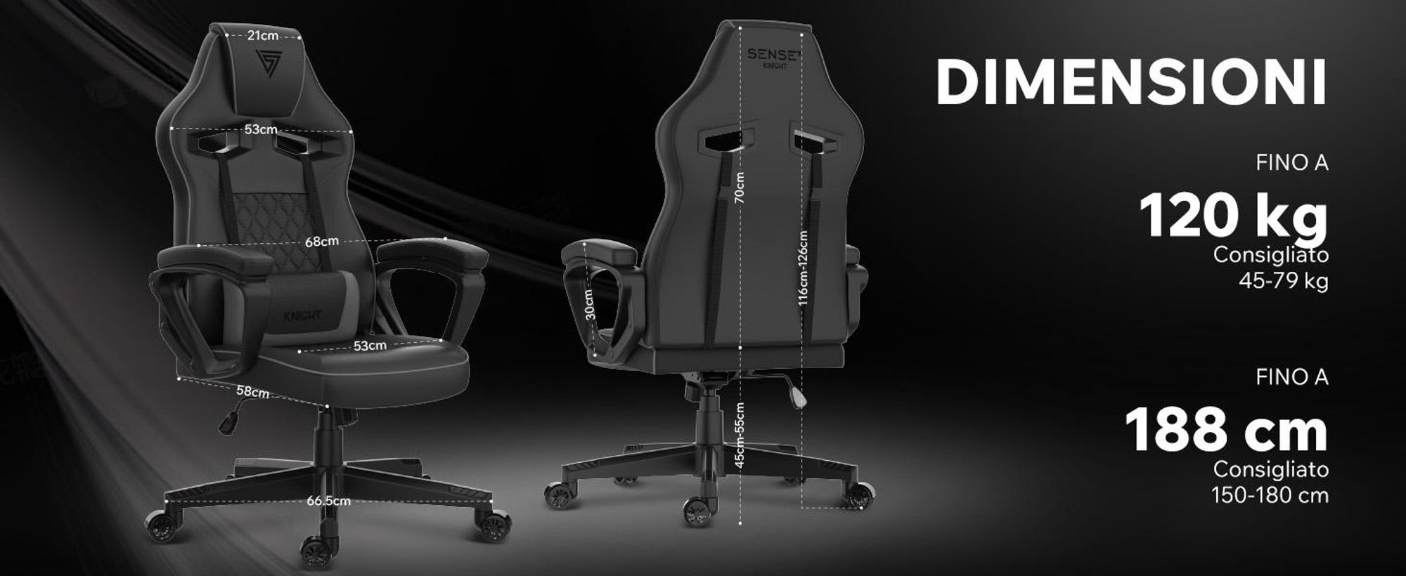 SENSE7 Knight Sedia da gioco ergonomica nera - Sedia da scrivania per PC Sedia da gaming Sedia da corsa per computer Gamer Ufficio Funzione oscillante fino a 120 kg
