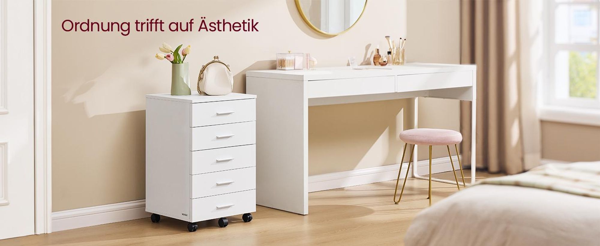 VASAGLE Rollcontainer, mobiler Aktenschrank, Schubladenschrank, Druckerständer, mit schraubenlosen Gleitschienen
