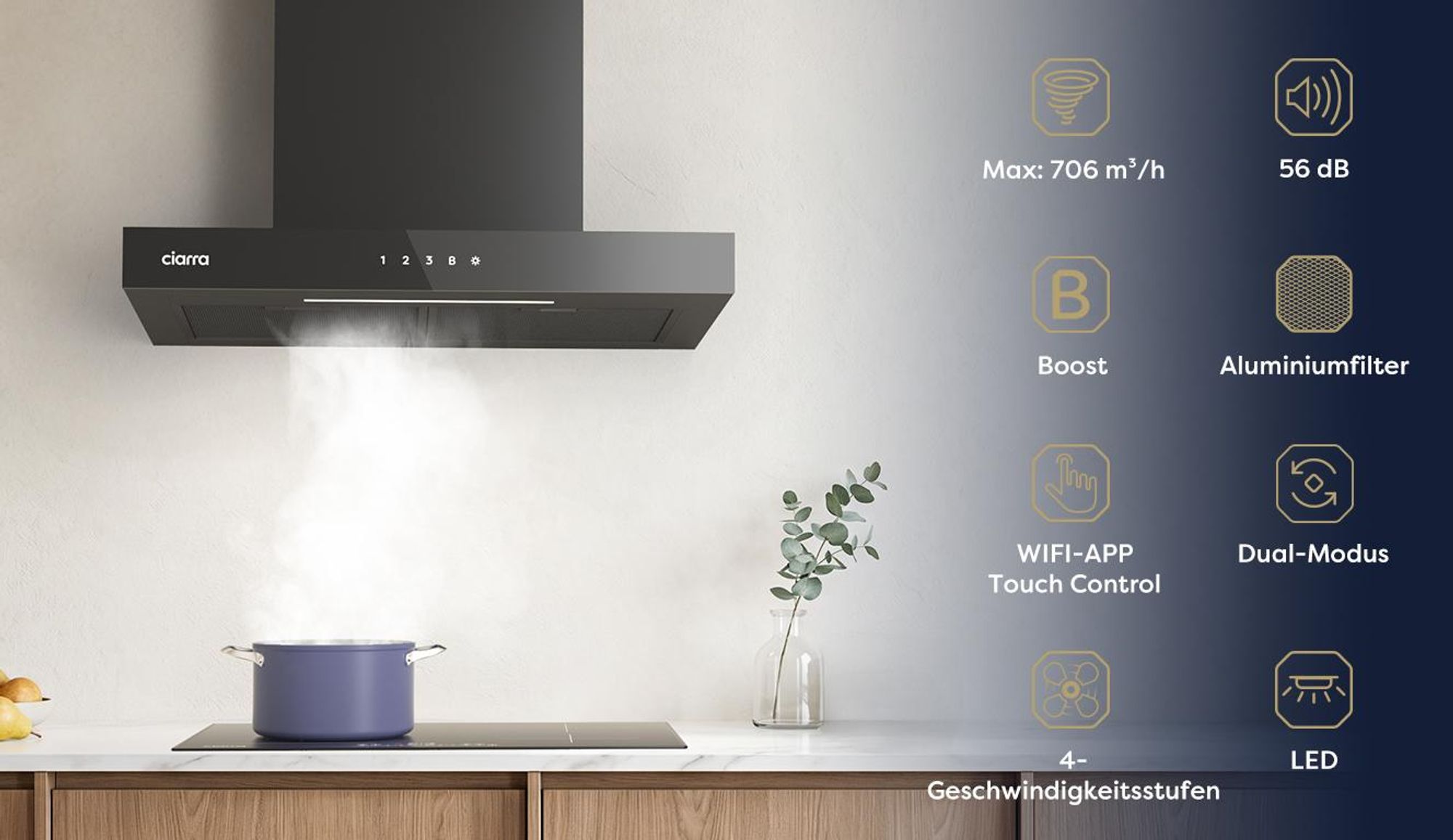 CIARRA Wandhaube 60cm A+++ 706 m³/h Dunstabzugshaube WIFI +APP & Touch Control Boost VMB6102