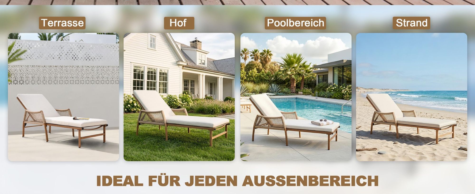 Avestar Sonnenliege, verstellbare Rückenlehne mit Kissen, handgeflochtene Rattan-Armlehnen und handgebürstetes Aluminium, Beige