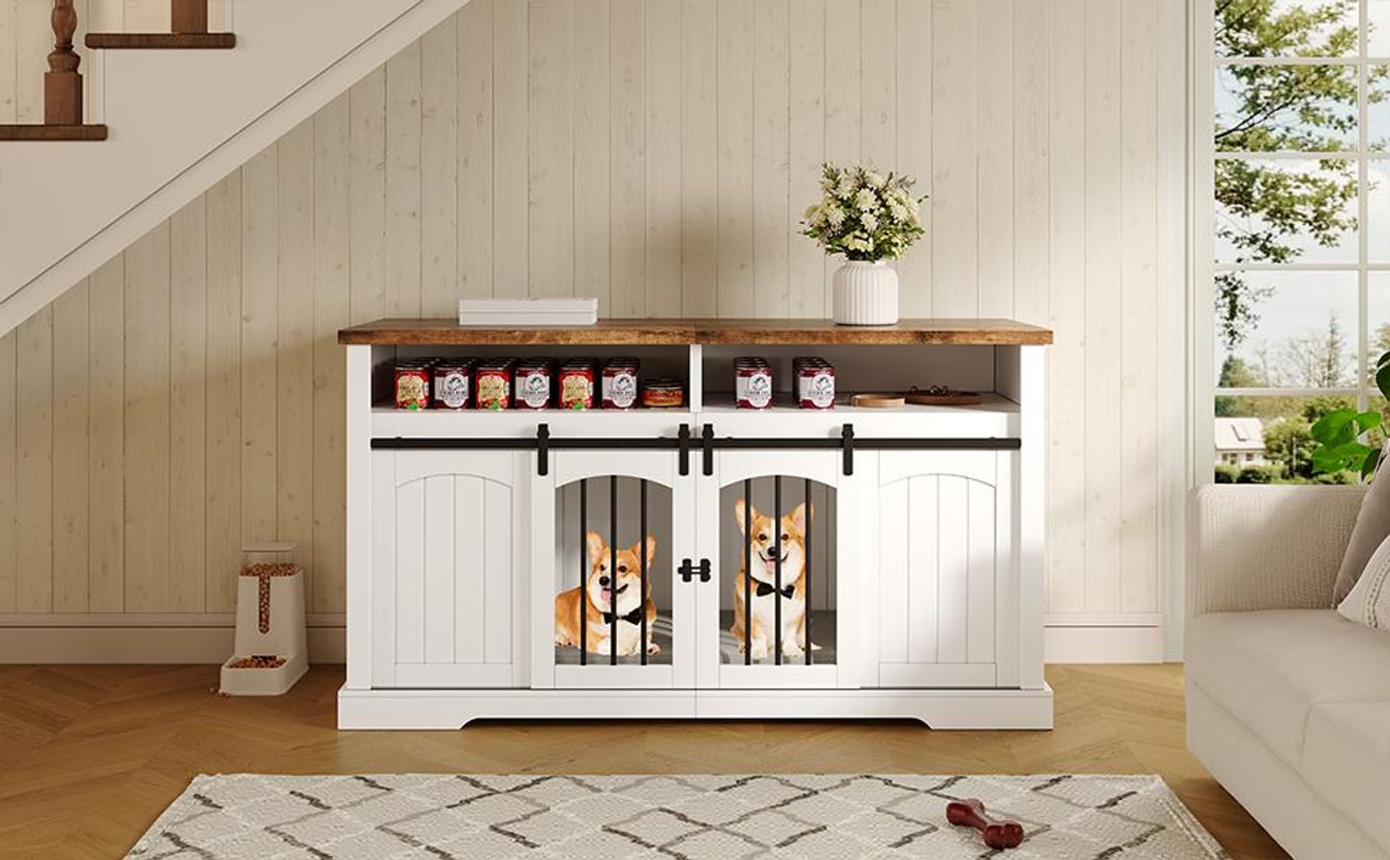 Merax Kommode Hundekäfig Innen Als Hundeschrank, 2-in-1 Sideboard Hundebox Möbel Mit Schiebetür & Trennwand, Hundekäfig Für 1-2 Hunde, Weiß