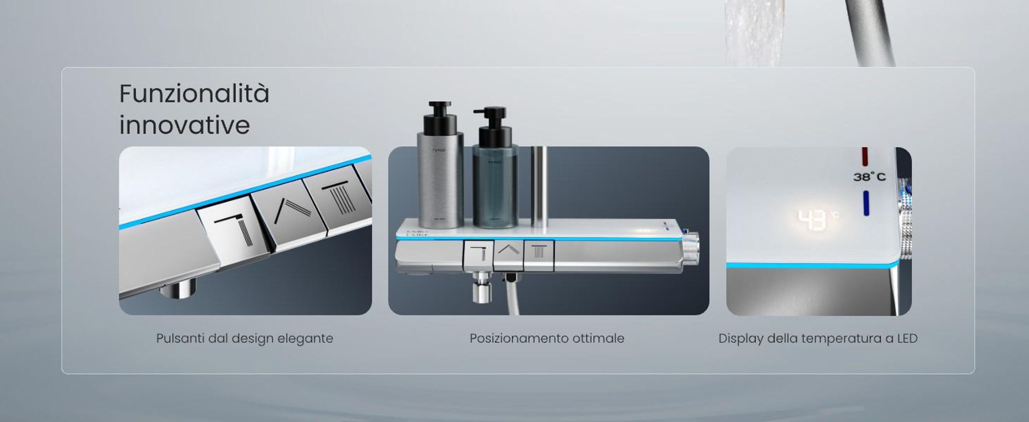 EMKE® Sistema doccia con termostatico cromo con illuminazione ambientale a LED blu, display digitale, doccia a pioggia 250 mm, bocca da bagno e ripiano in vetro F25