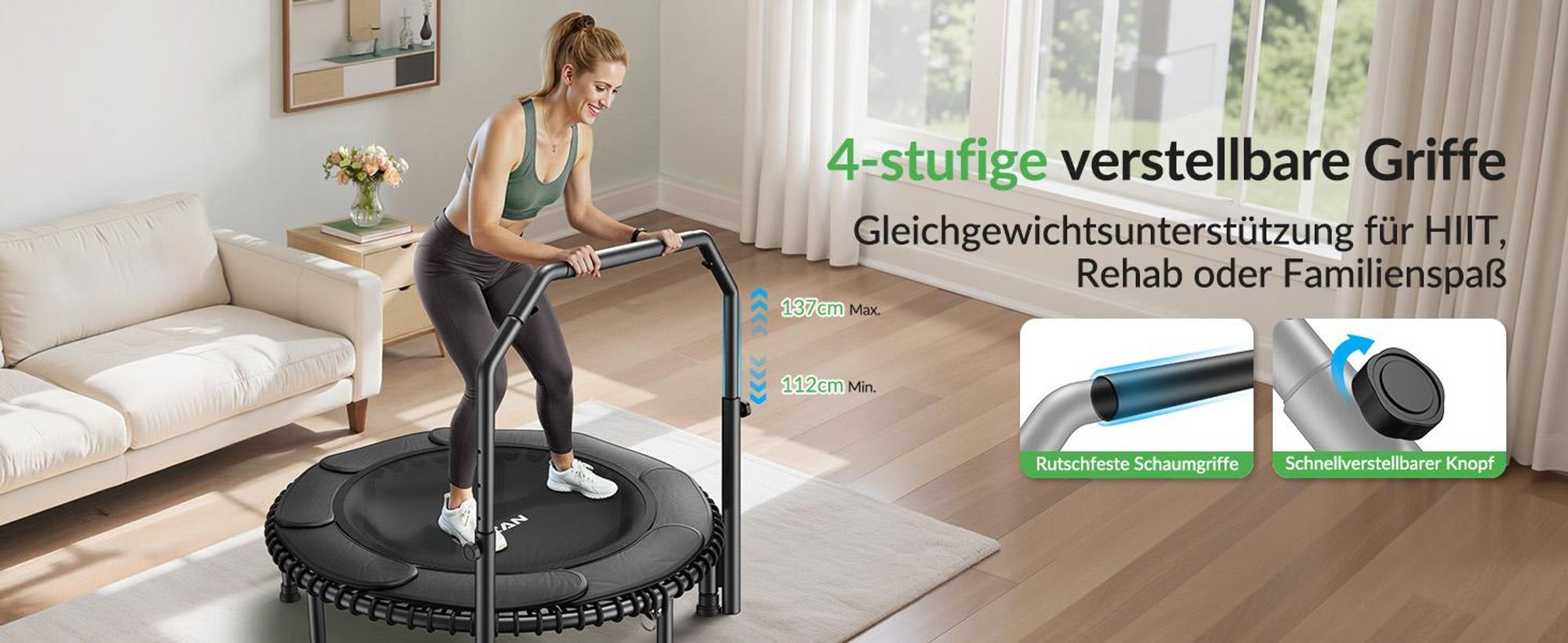 BCAN 48“ Rebounder-Trampolin für Erwachsene, 226 kg Tragkraft, Bungee-Seilen, Verstellbarer Griff, stabil, leise, Innen/außen, Ganzkörpertraining
