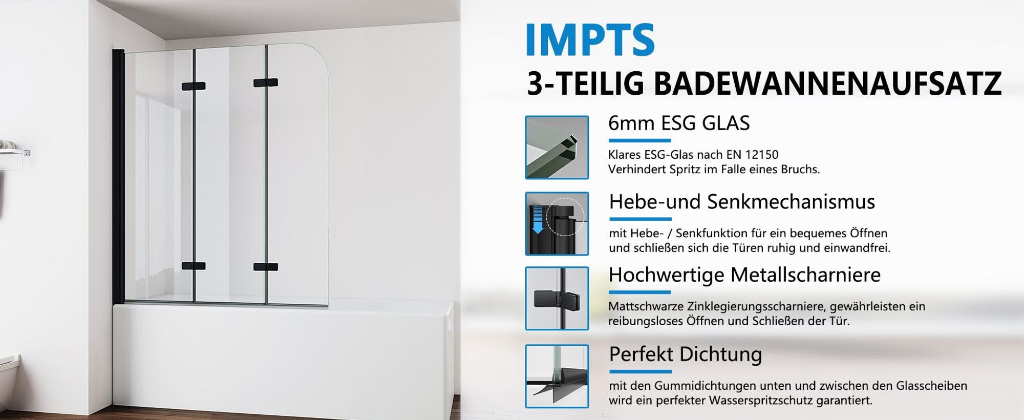 IMPTS Duschwand für Badewanne 120x140cm 3-teilig Faltwand Badewannenaufsatz Faltbar Duschabtrennung 6mm ESG GLAS Badwannenfaltwand Schwarze, Klarglas