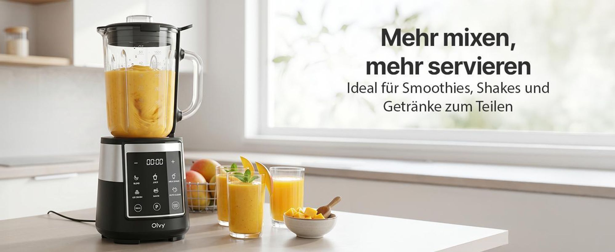 Olvy Standmixer, 1,5 L Glasbehälter mit 600ml Tritan-Becher, Touchscreen-Mixer mit Pulse-Funktion & Auto-Clean, Smoothie Maker und Ice Crusher
