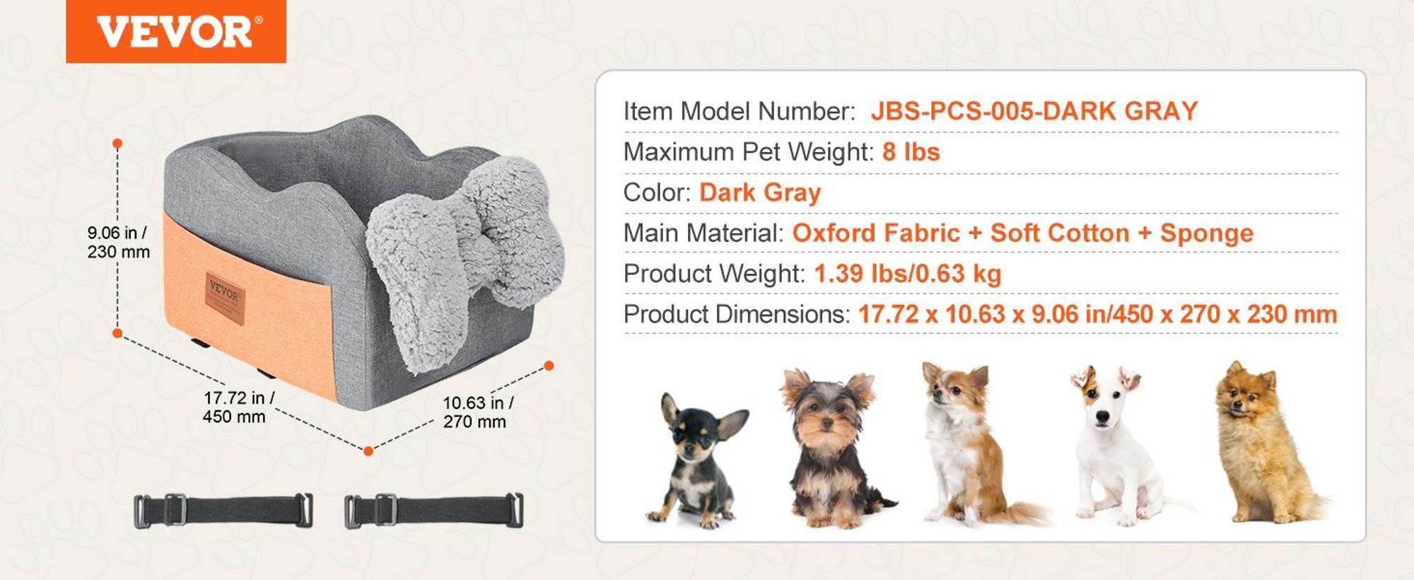 VEVOR Hundesitz fürs Auto, Hundebuster-Sitz für das Auto mit Stützrahmen, Haustierautositz mit Clip-on Sicherheitsleine, Baumwollfüllung, Hundebett fürs Auto für kleine Hunde bis 26 lbs, Grau, Dunkelgrau, Unter 8 lbs