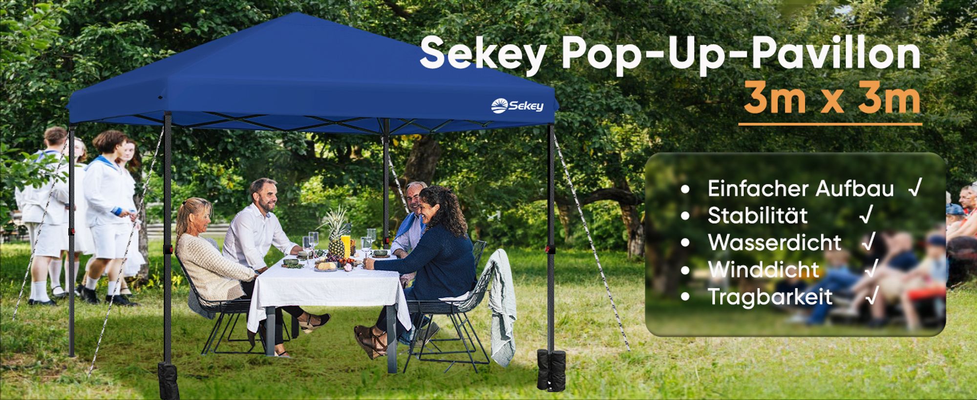 Sekey Faltpavillon 3x3 wasserdicht, Pop Up Pavillon mit 4 Sandsäcken, UV-Schutz 50+ Pavillons & Partyzelte Festzelt, Dunkelblau