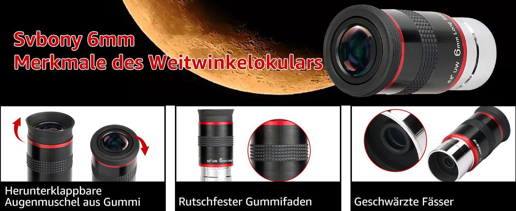 Svbony Okular 1,25", Ultraweitwinkel Okular 6mm, Aluminiumlegierungskörper FMC 68 Grad Okular für Teleskop Zubehör