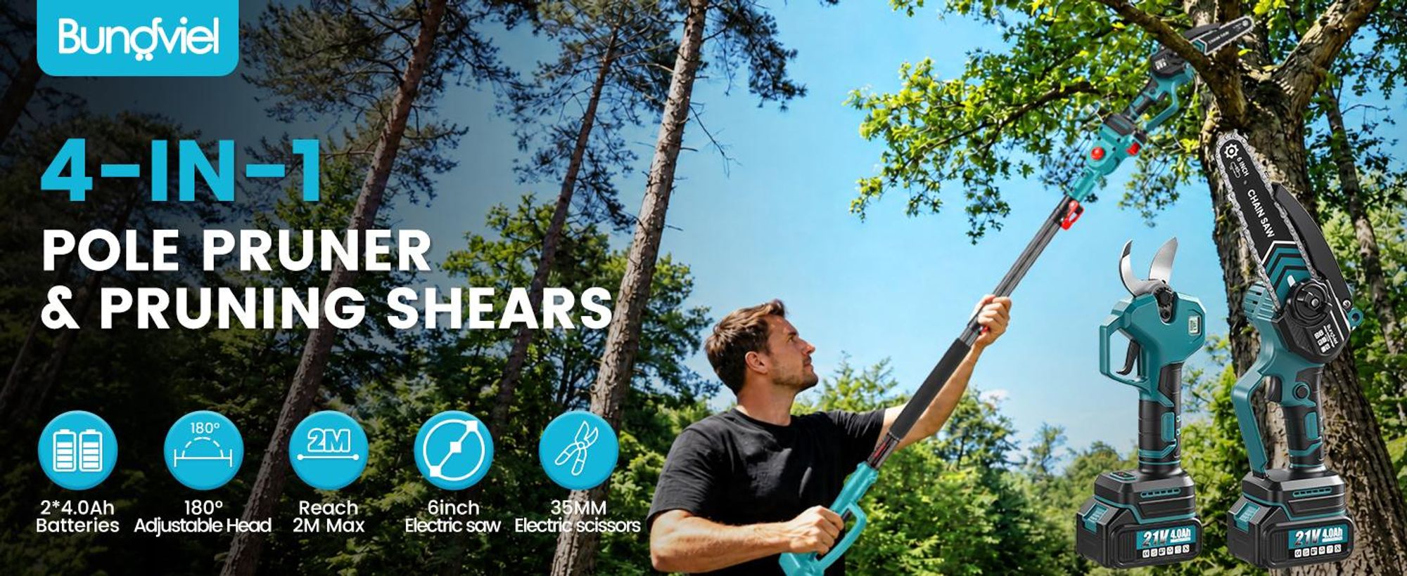Akku Hochentaster 4-in-1 Bürstenloser Elektro Teleskop Hochentaster Astsäge Gartenschere mit 2× Akku, 2m Stangenlänge, Kompakte Hochentaster zum Baum