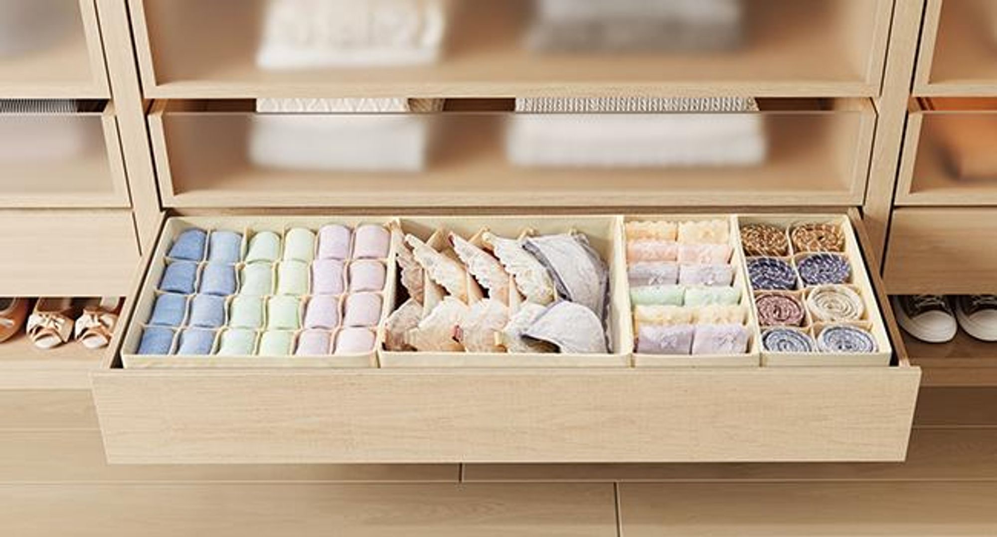 SONGMICS Unterwäsche-Organizer, Aufbewahrungsbox, 8er Set, faltbar, Beige