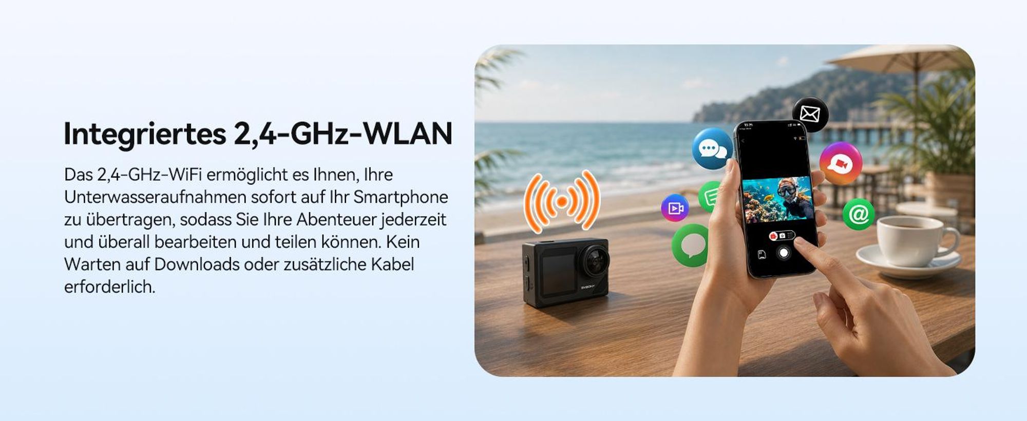 SVbony SVGO2 Action-Kamera 4K/30 fps IPX8 wasserdicht,30m,WLAN, EIS, 2,0-Zoll-Touchscreen, mit Auftriebsstange 2x1350mAh Akkus für Schnorchel, Surfen