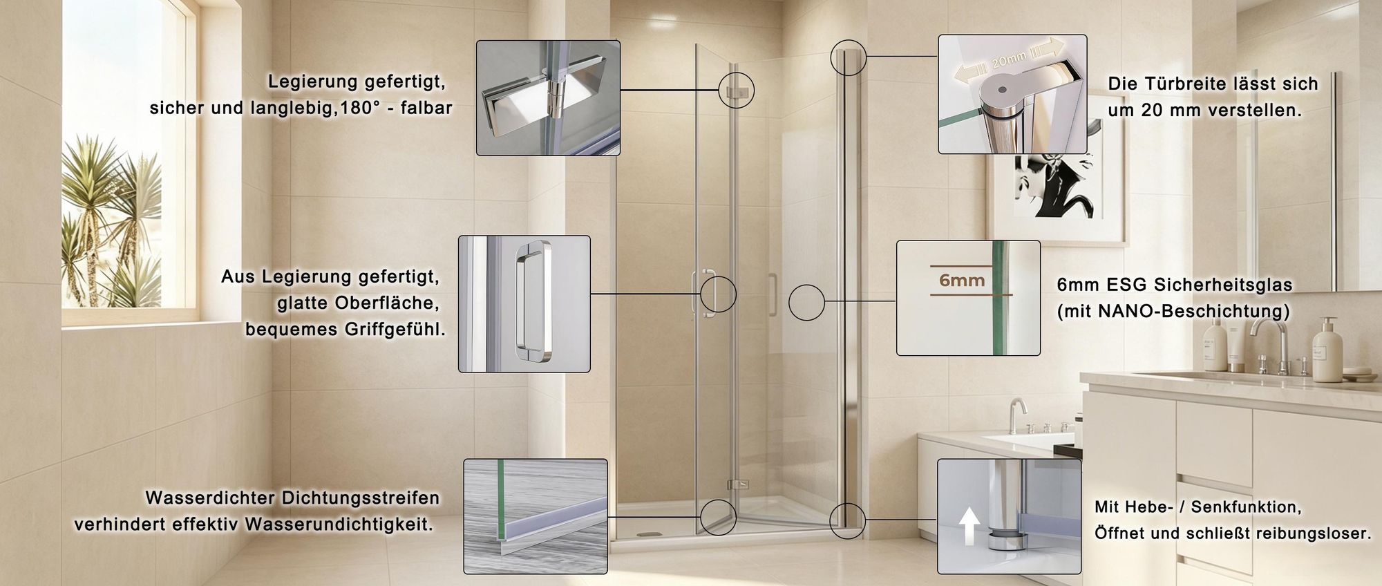 MIQU Duschabtrennung 120x185 cm Nischentür Duschwand Dusche 180° Falttür 6mm Nano ESG Glas