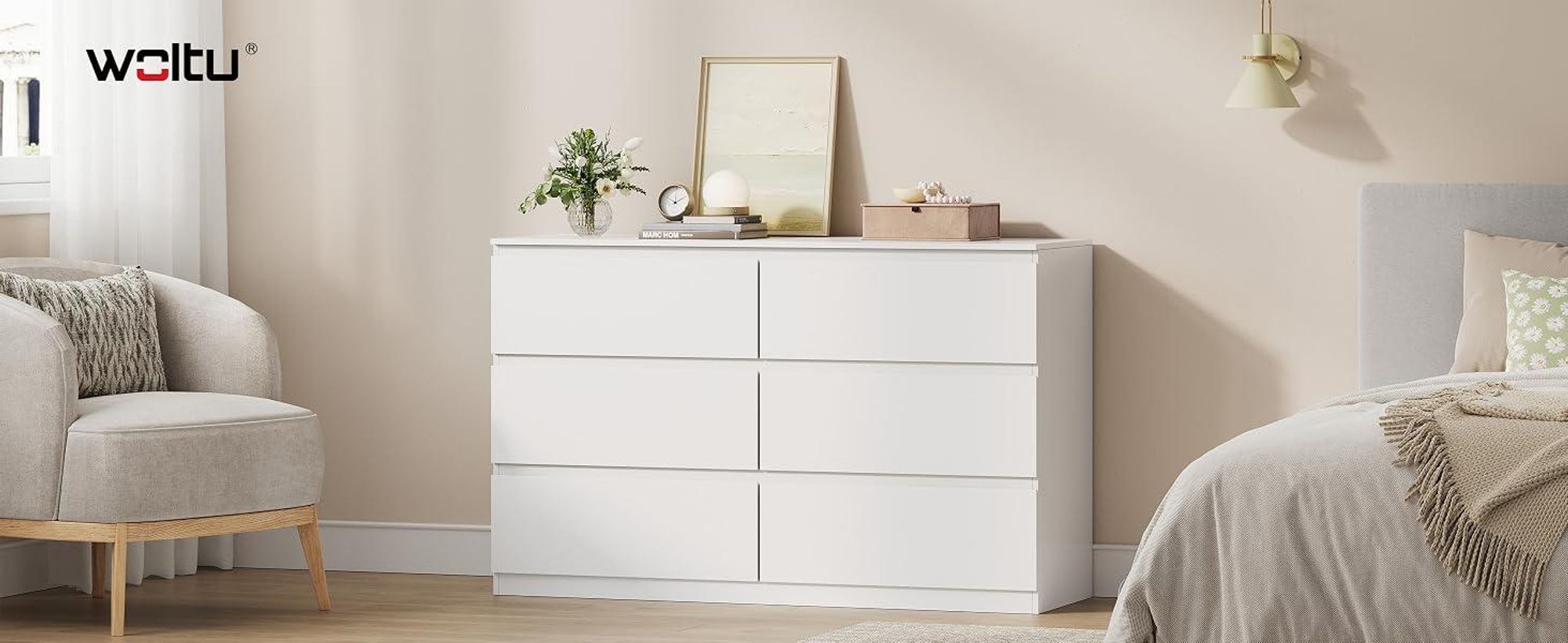 WOLTU Kommode weiß, mit 6 Schubladen, Moderner Schubladenschrank, 120 x 40 x 75 cm