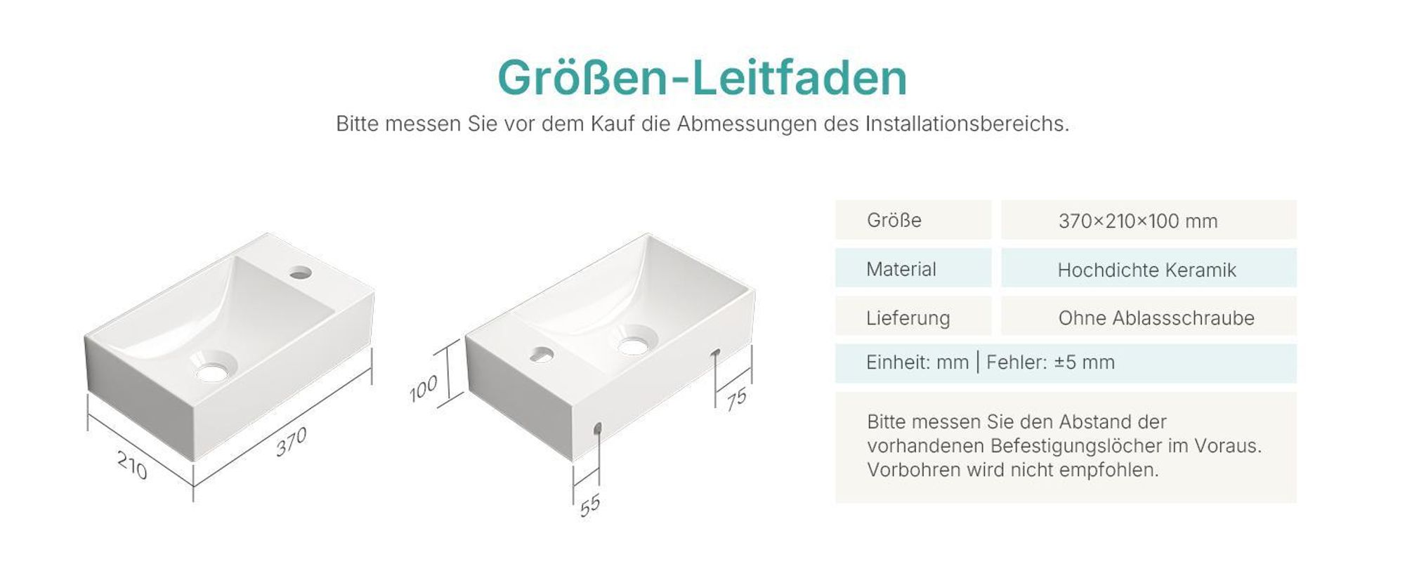 EMKE Waschbecken wandhänged Keramik Rechteckig 380x220mm Weiß Glänzend Platzsparendes Handwaschbecken für Gäste-WC & kleines Bad